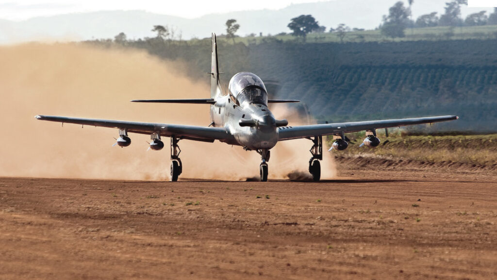 The A-29 is built on a rugged frame that can handle takeoff and landing in harsh environments. (Photo courtesy of Embraer.)