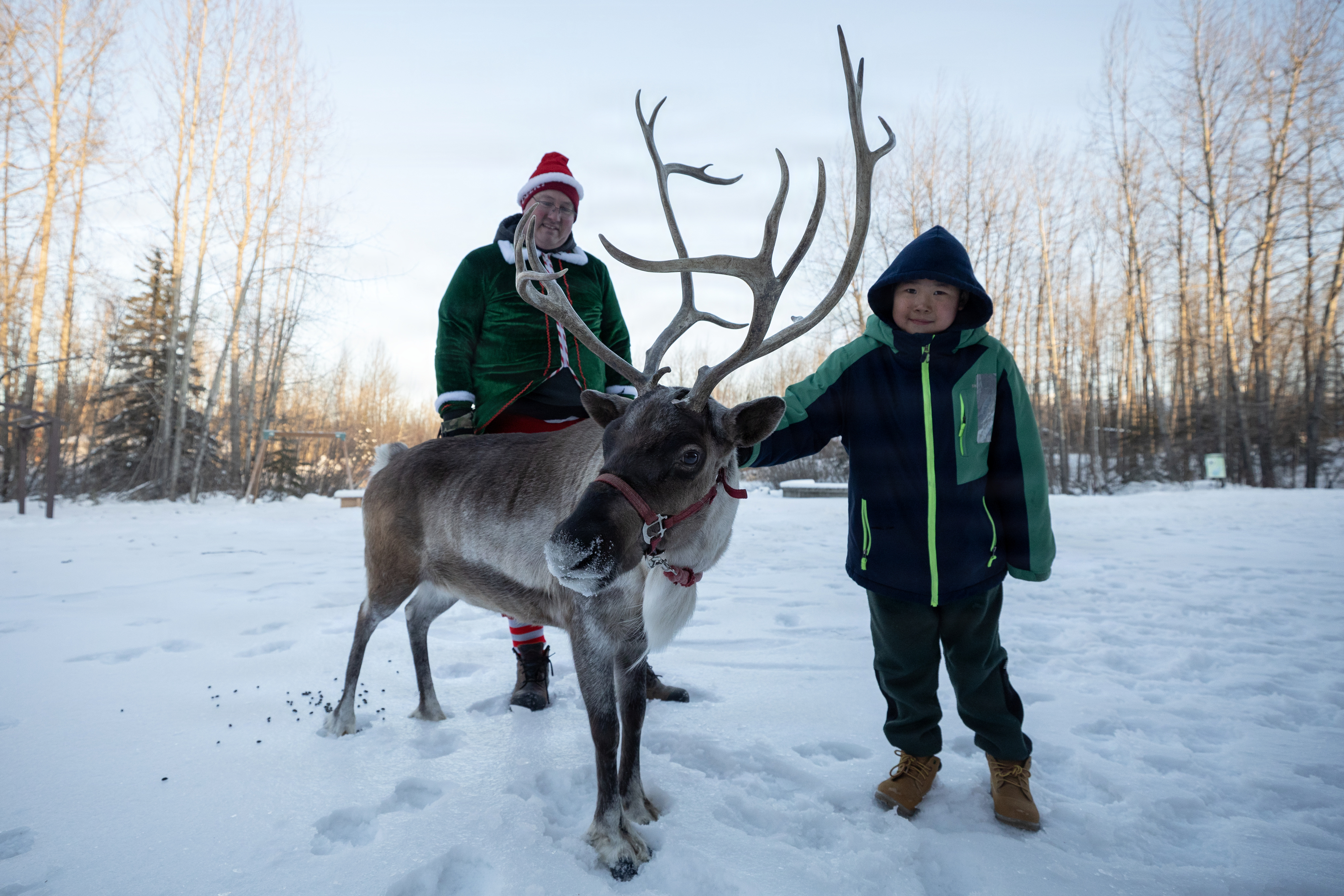 An Alaskan child checks in with one of Santa's reindeer during the annual event of the Alaska Air and Army National Guard, on Dec. 14.(Alejandro Peña/Army National Guard)