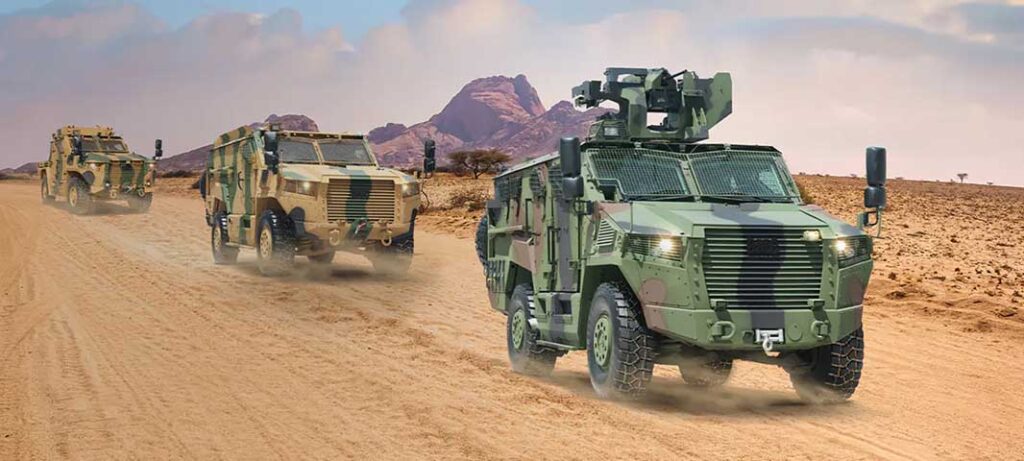 A convoy of Vuran multi-purpose armoured vehicles, with the general patrol vehicle in the lead, followed by the mortar carrier and the armoured multiple rocket launcher vehicle. [BMC]