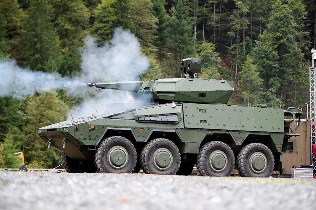 Boxer Skyranger mobile air defense system firing its cannon