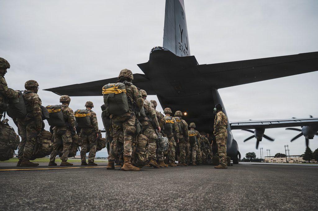 US Army paratroopers assigned to the 11th Airborne Division board a US Air Force C-130J Super Hercules, assigned to the 36th Airlift Squadron, for airdrop training in support of Orient Shield 2026, at Yokota Air Base, Japan, Sept. 15, 2026. (US Air Force photo by Senior Airman Cayla Hunt.)