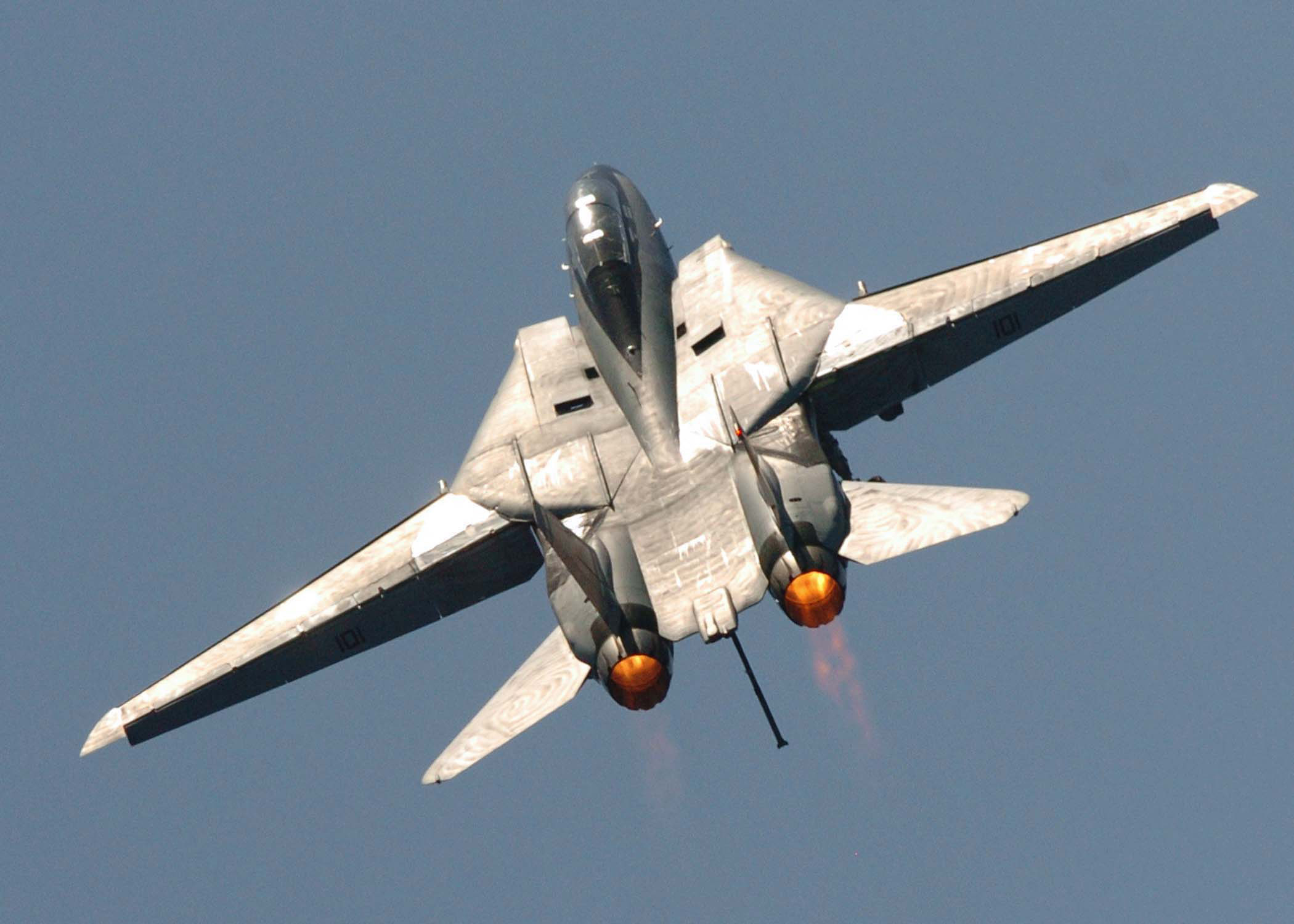 An F-14D Tomcat flies past the aircraft carrier USS Dwight D. Eisenhower on June 19, 2006. 
