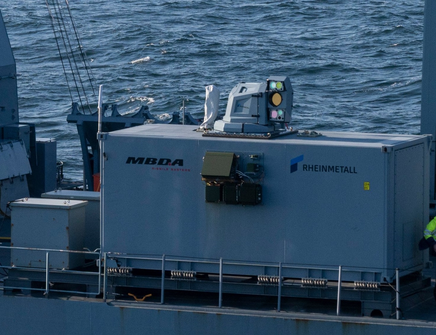 The German military has tested an Rheinmetall-MBDA laser weapon demonstrator aboard the frigate Sachsen. (Rheinmetall)