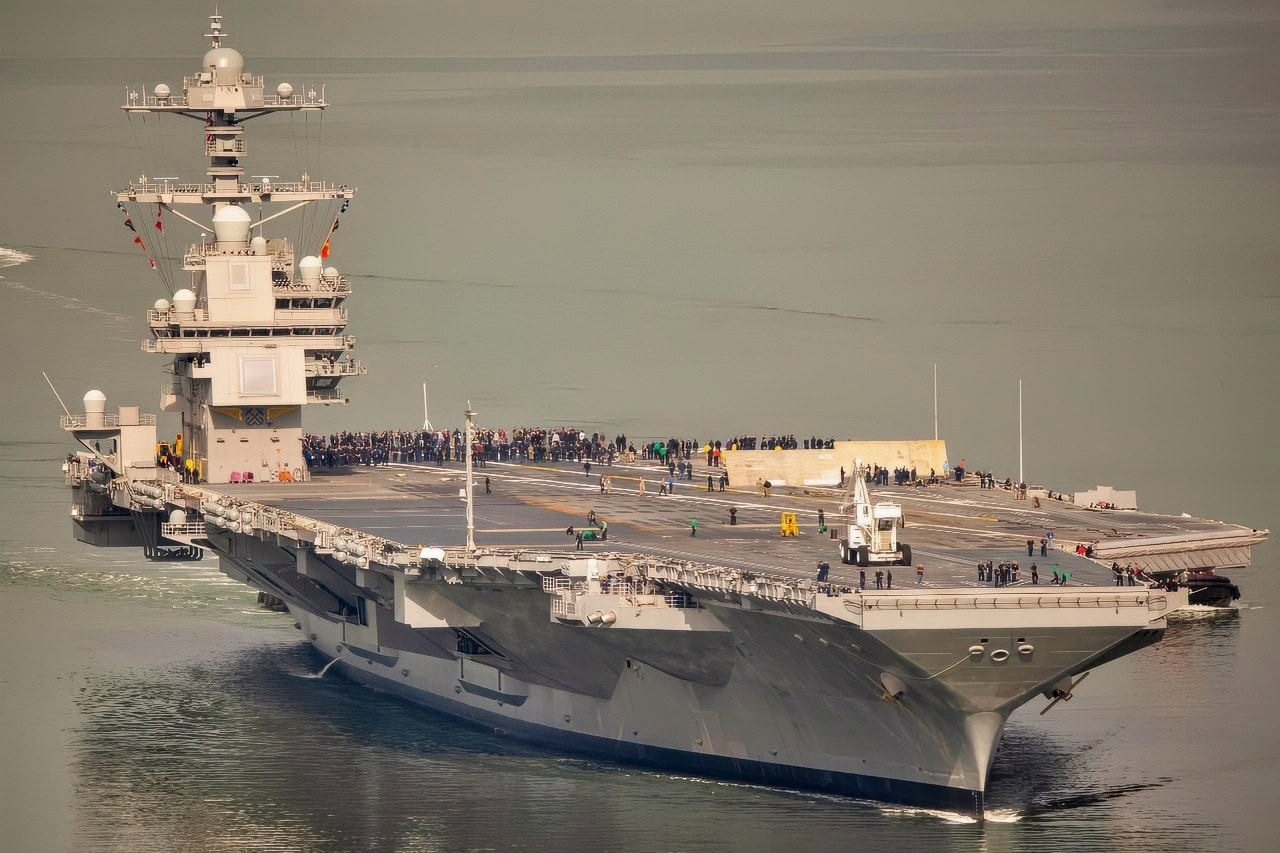 NEWPORT NEWS, Va. (Oct. 25, 2019) USS Gerald R. Ford (CVN 78) gets underway for the first time since beginning its post-shakedown availability July 2018. Ford is currently conducting sea trials, a comprehensive test of the ship's systems and technologies. (U.S. Navy photo by Mass Communication Specialist 3rd Class Connor Loessin)