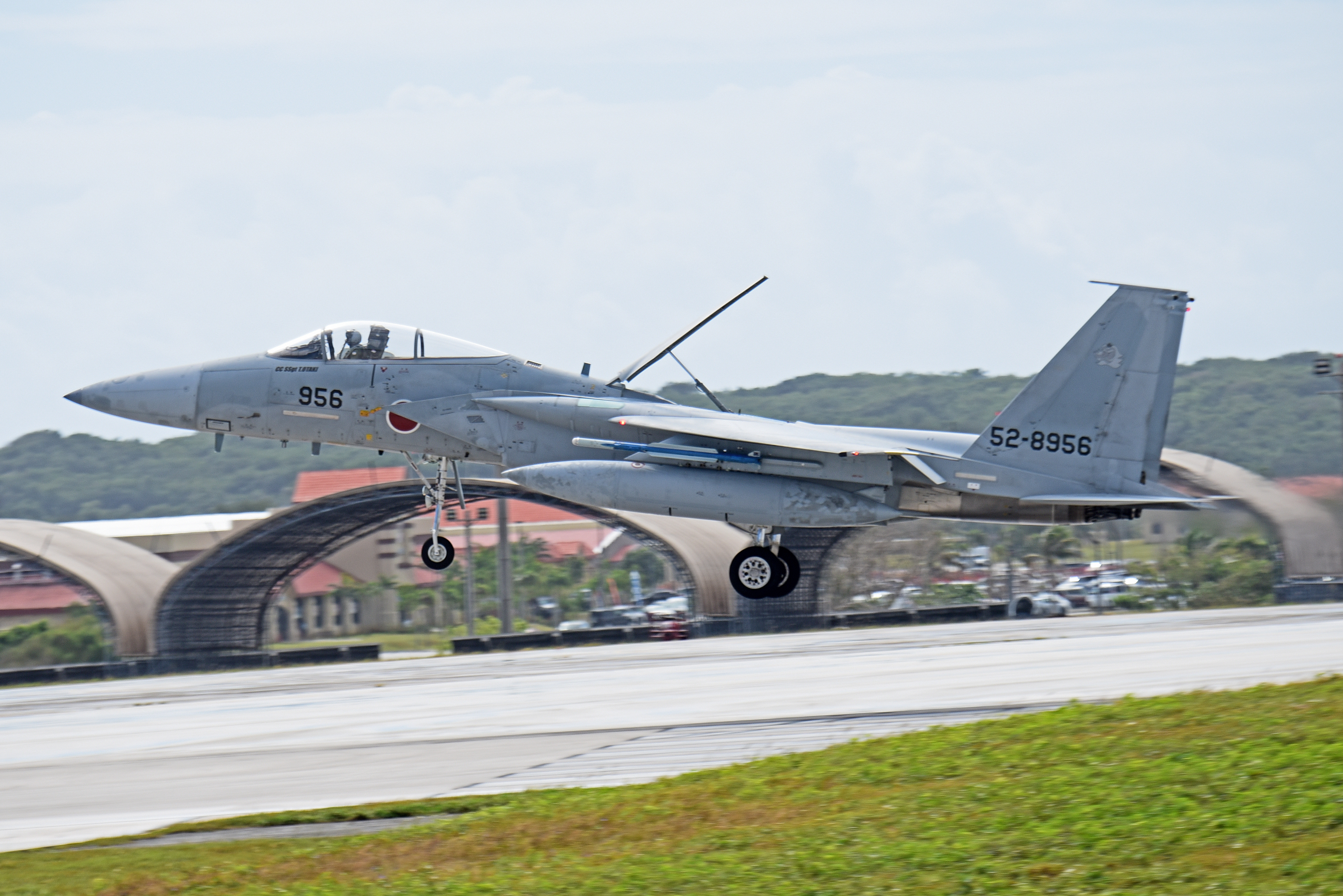 JASDF F-15J Eagle fighter on landing approach at Naha Air Base Okinawa