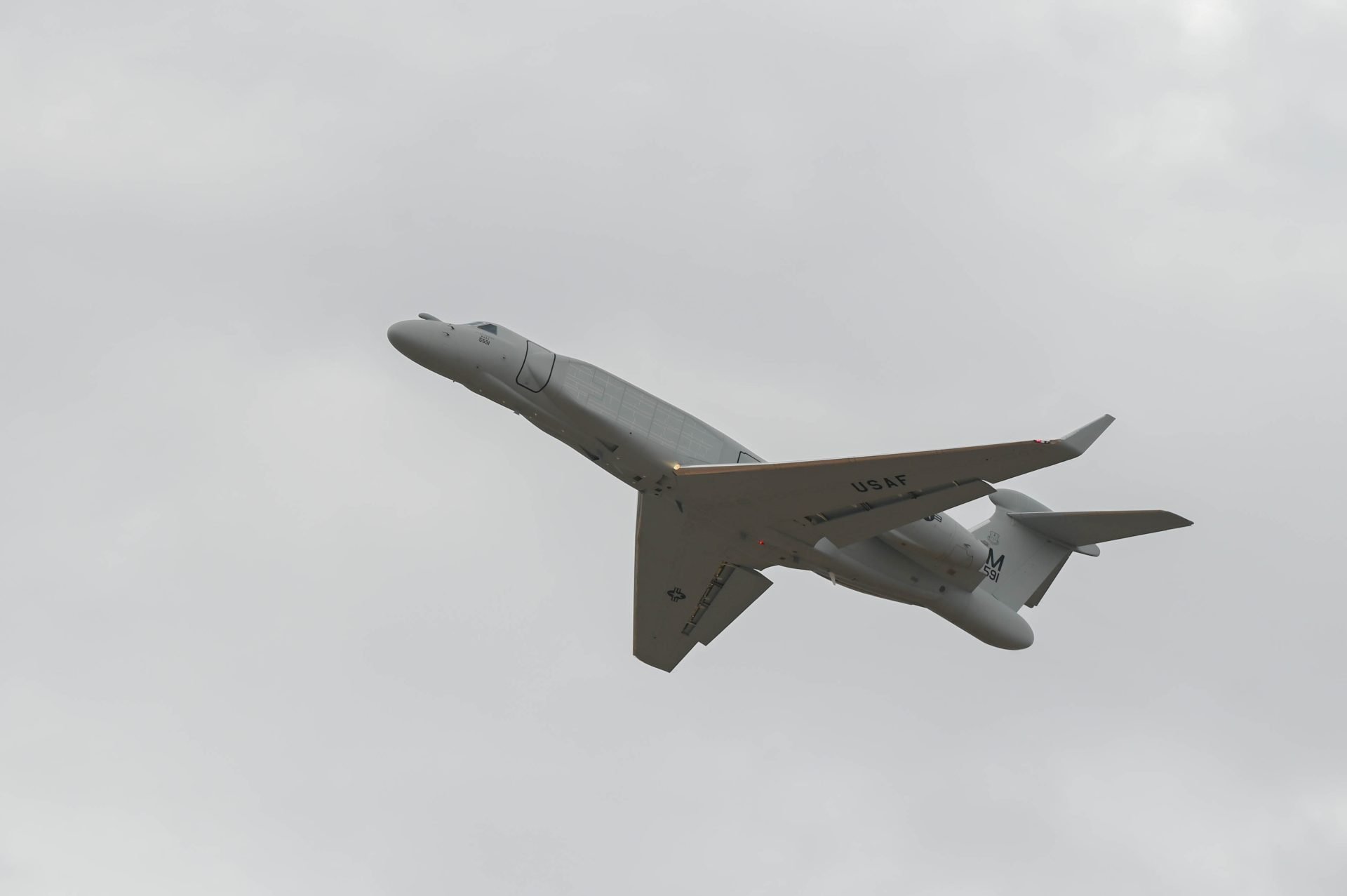 An EA-37B Compass Call takes its first official flight at Davis-Monthan Air Force Base, Arizona, Aug. 28, 2024. The plane was officially brought to DM and is now an operational asset to installation capabilities. (U.S. Air Force photo by Senior Airman Andrew Garavito)