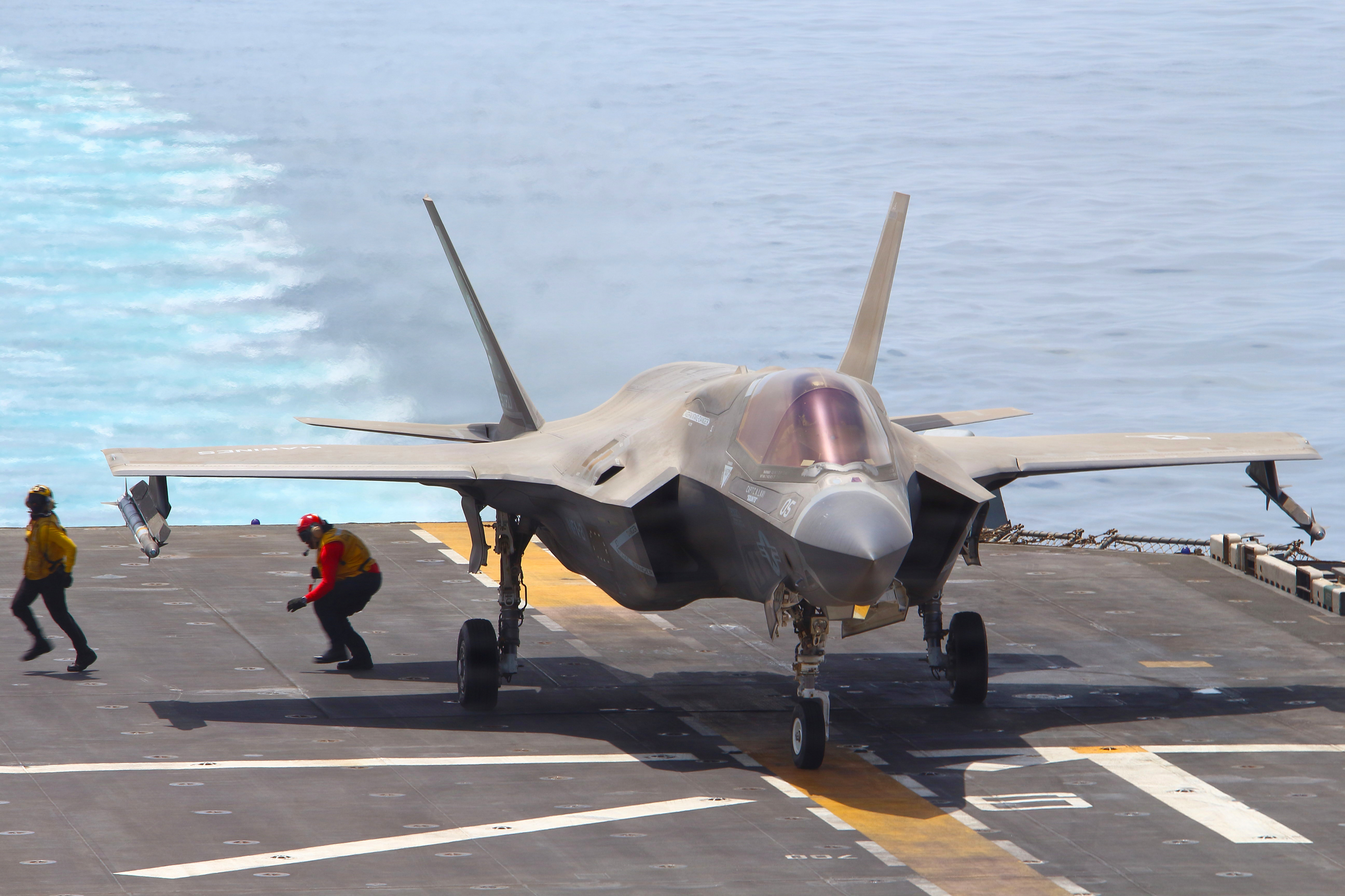 An F-35B Lighting II prepares to take off from the flight deck of America-class amphibious assault ship USS Tripoli, April 17, 2026. (U.S. Navy)