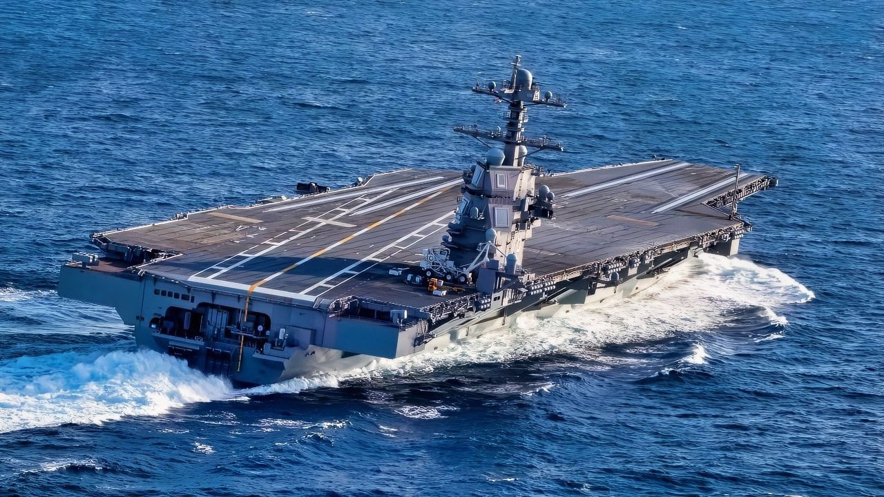 ATLANTIC OCEAN (Oct. 29, 2019) USS Gerald R. Ford (CVN 78) conducts high-speed turns in the Atlantic Ocean. Ford is at sea conducting sea trials following the in port portion of its 15 month post-shakedown availability. (U.S. Navy photo by Mass Communication Specialist 3rd Class Connor Loessin)