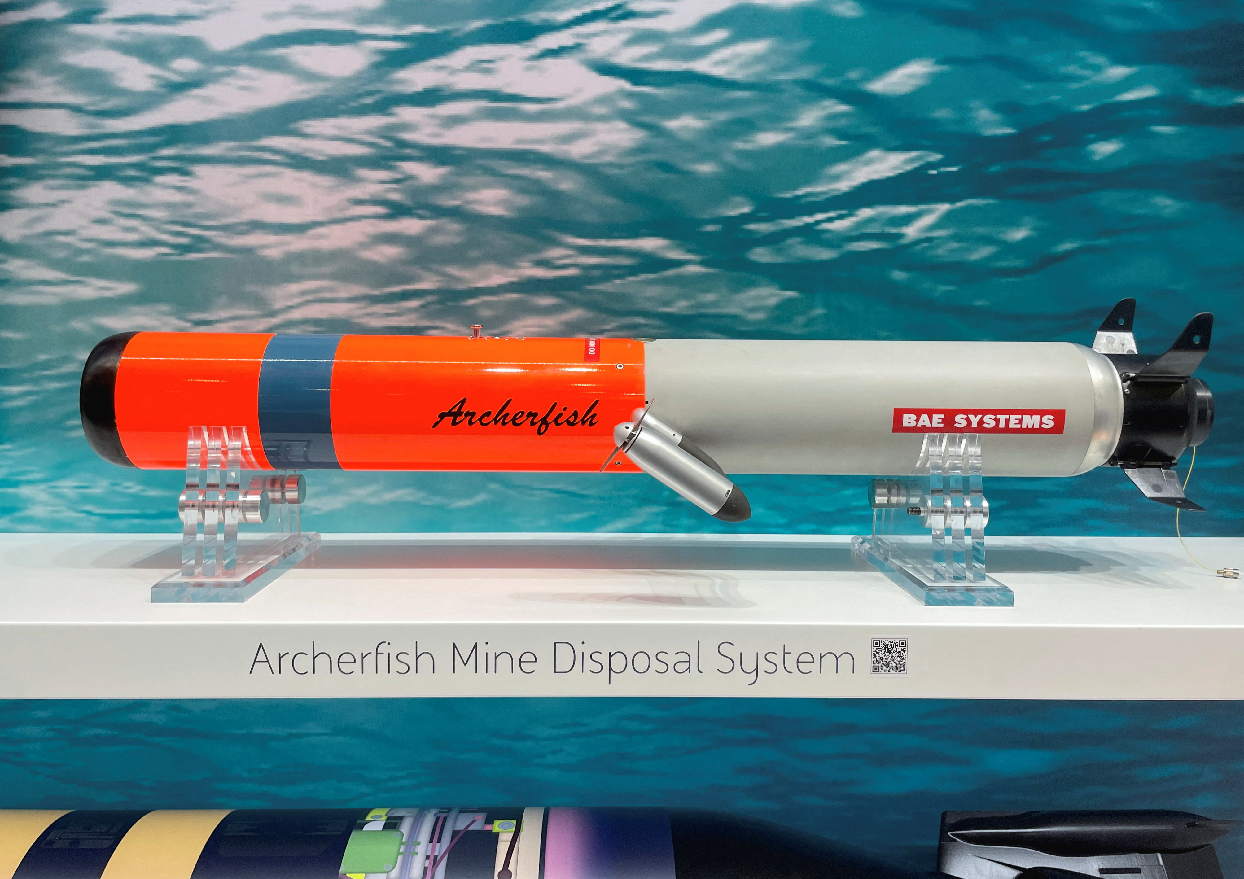 BAE Systems' Archerfish mine disposal system, displayed at the Undersea Defence Technology exhibition in London, April 14, 2026. (Cassell Bryan-Low/Reuters)