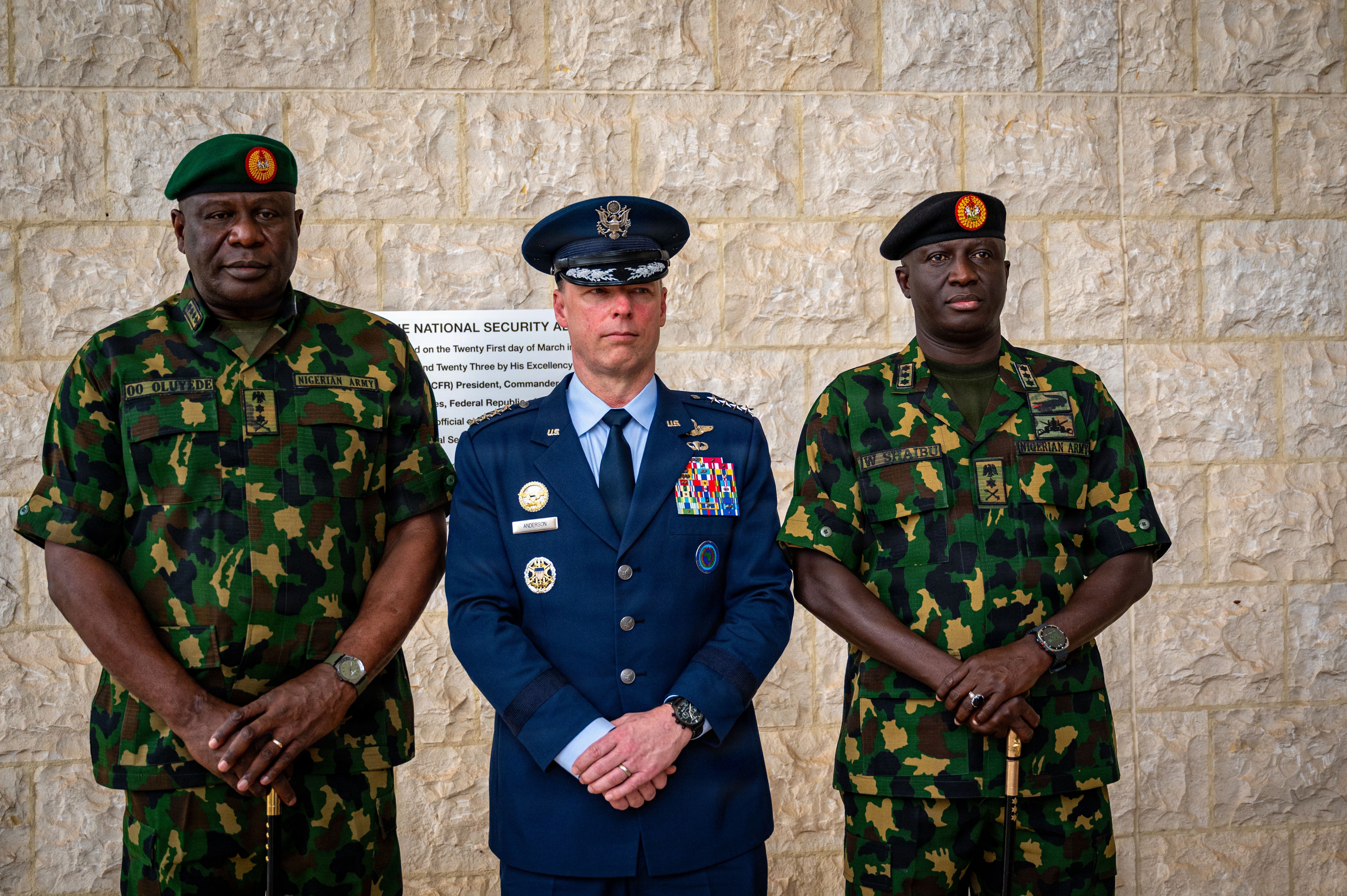 AFRICOM commander Gen. Dagvin Anderson (C) meets with Nigeria Army Gen. Olufemi Oluyede (L) and Lt. Gen. Waidi Shaibu in Abuja, Nigeria, Feb. 9, 2026. (Sgt. 1st Class Kenneth Tucceri/U.S. Army)