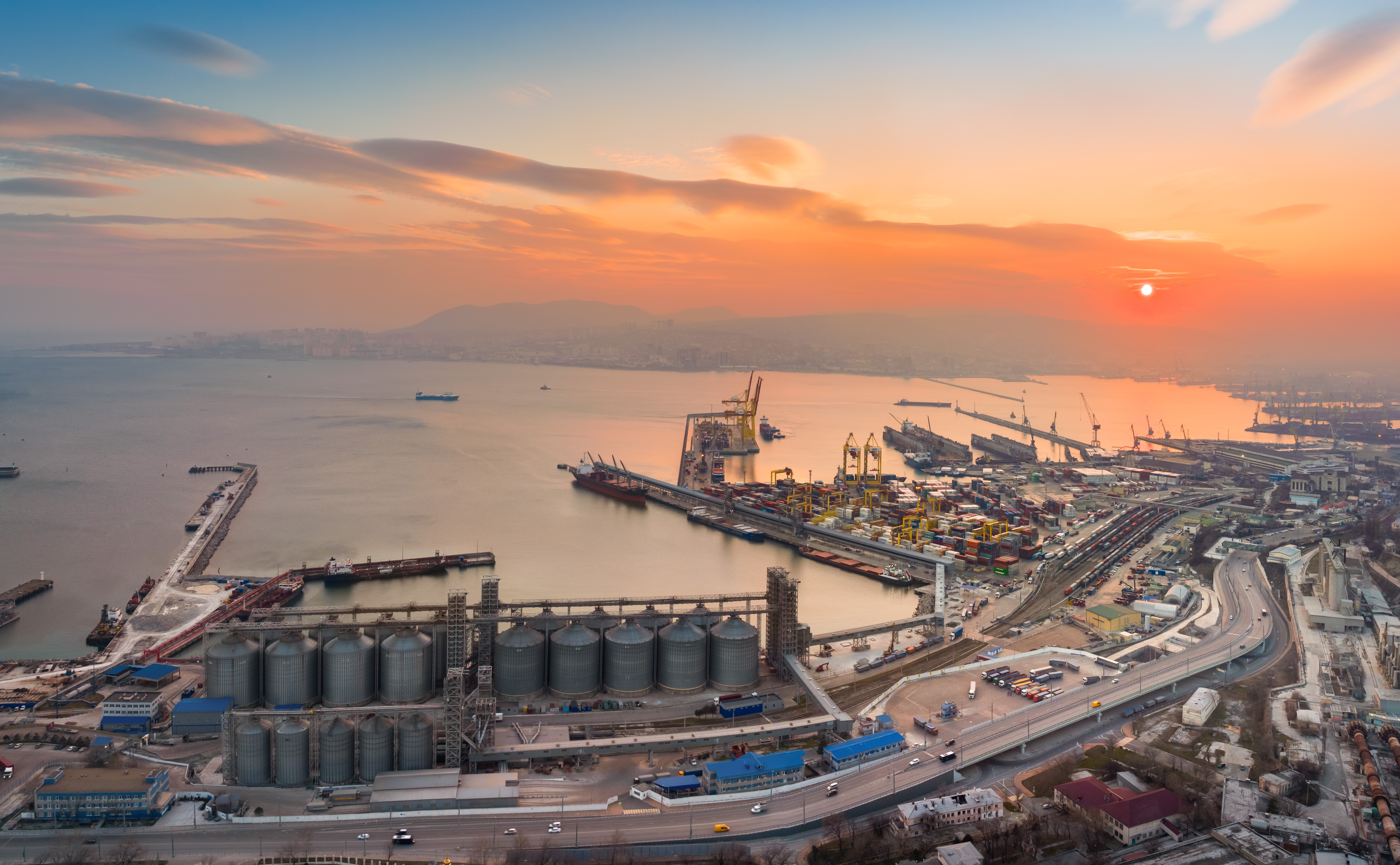 Novorossiysk Black Sea grain export port with silos and cargo berths