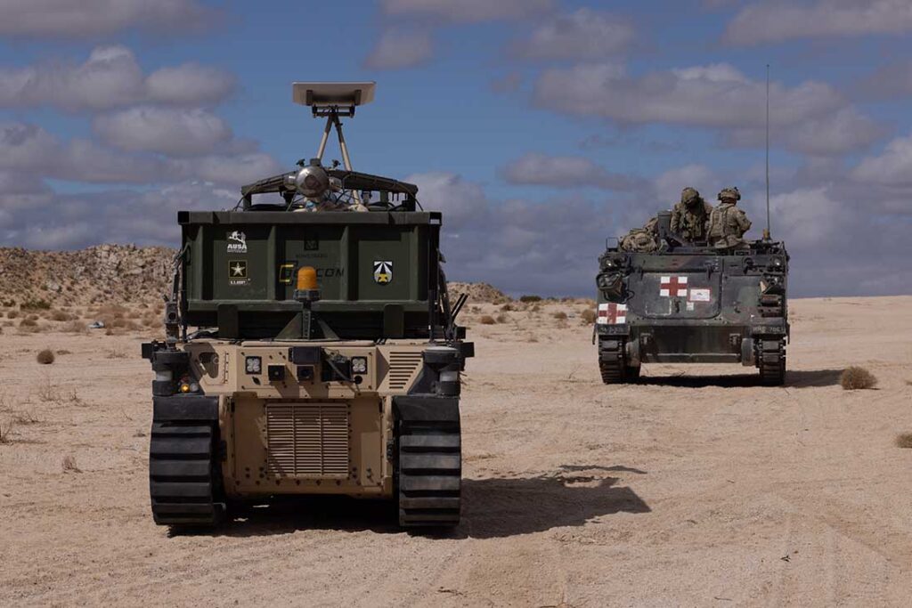 The US Army demonstrated a UGV equipped with an M58 MICLIC launcher during Project Convergence-Capstone 5 in March 2025. [US Army/Sgt Marita Schwab]