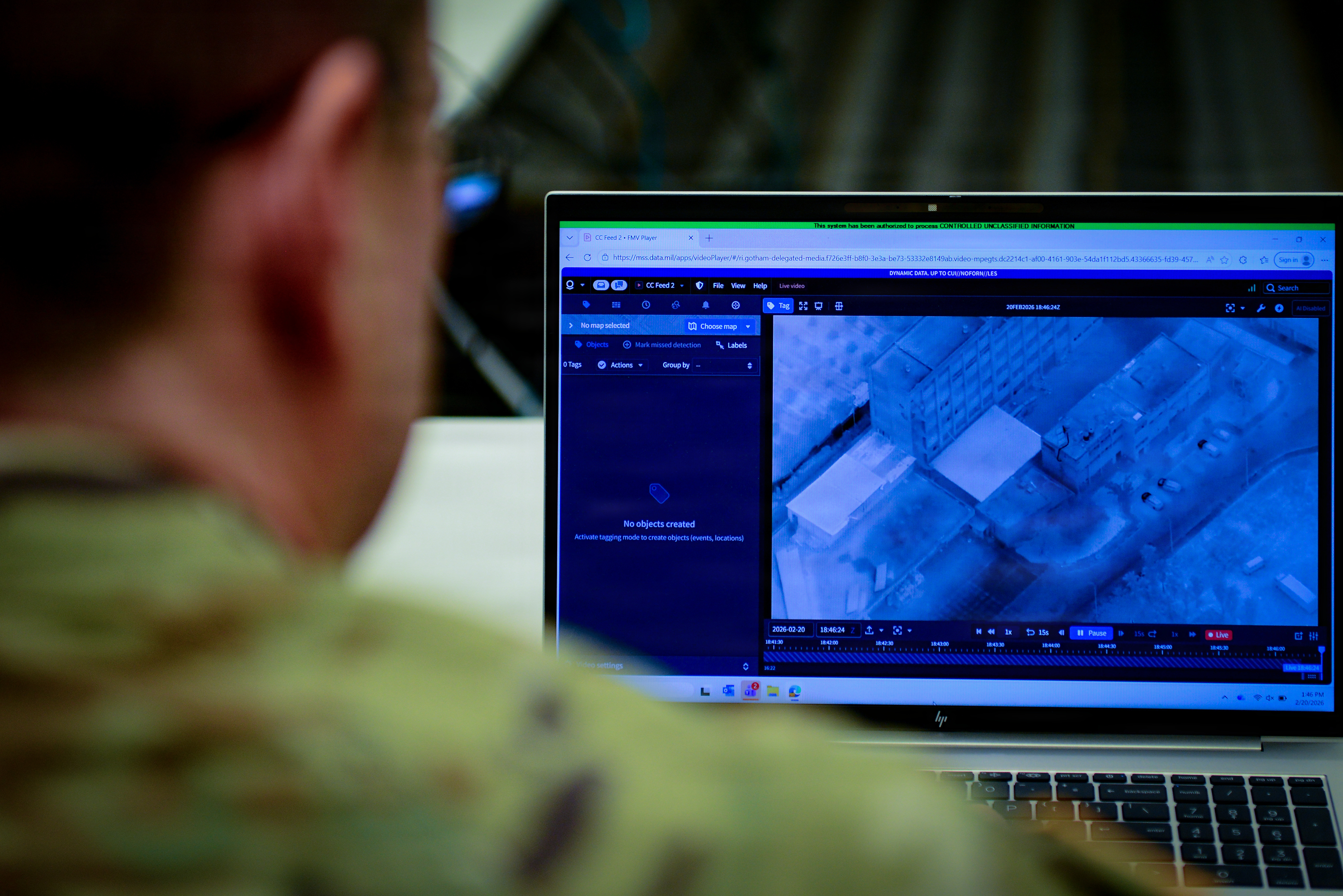 U.S. Army Maj. Steven McPherson trains on the Maven Smart System, Feb. 20, 2026. (Master Sgt. Whitney Hughes/U.S. Army)