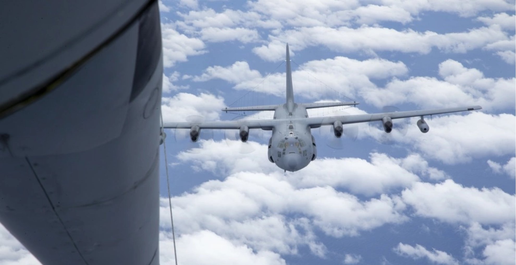 A U.S. Air Force EC-130H Compass Call from the 55th Wing prepares for in-flight refueling from a 155th Air Refueling Wing KC-135 Stratotanker during exercise Emerald Flag over the Gulf of Mexico, Dec. 3, 2020. (Staff Sgt. Joshua Hoskins/U.S. Air Force)
