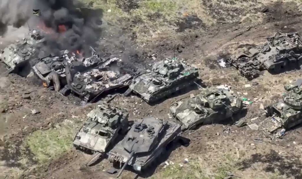 Russian MoD footage showing M2 Bradleys and a Leopard 2A6 tank damaged or destroyed around the start of Ukraine's summer 2023 counteroffensive. Even well-equipped modern armoured formations can shatter against well-prepared defences. [Russian MoD]