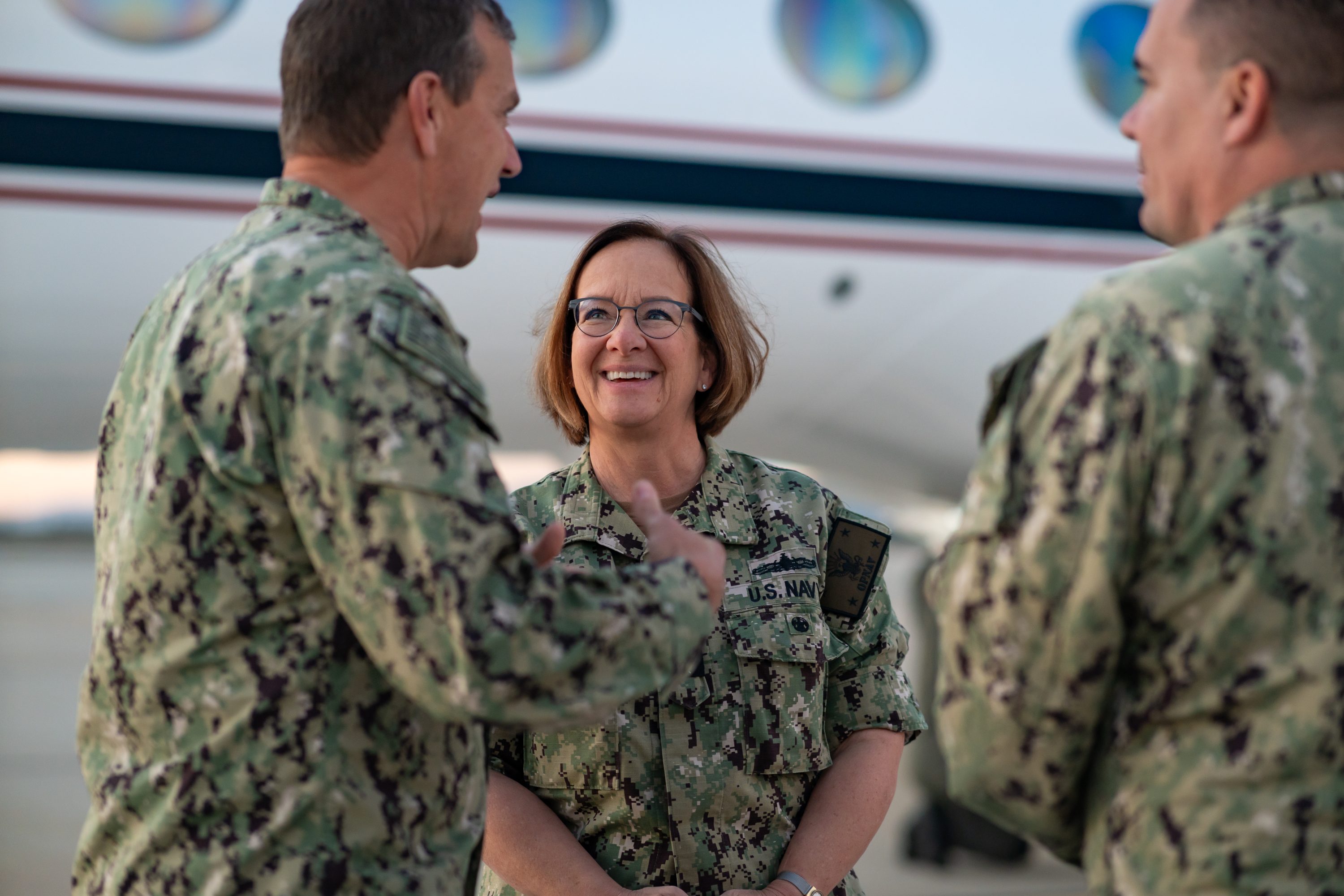 241206-N-JC343-1016 POINT MUGU, Calif. (Dec. 06, 2024) Chief of Naval Operations Adm. Lisa Franchetti is greeted by Capt. Dan "DB" Brown, commanding officer, Naval Base Ventura County, onboard Naval Air Station Point Mugu enroute to the Reagan National Defense Forum, Dec 6, 2024. NBVC is a strategically located Naval installation composed of three operating facilities: Point Mugu, Port Hueneme and San Nicolas Island. NBVC is the home of the Pacific Seabees, West Coast E-2D Hawkeyes, 3 warfare centers and 110 tenants. (U.S. Navy photo by Master-at-Arms 1st Class Jon Cason)
