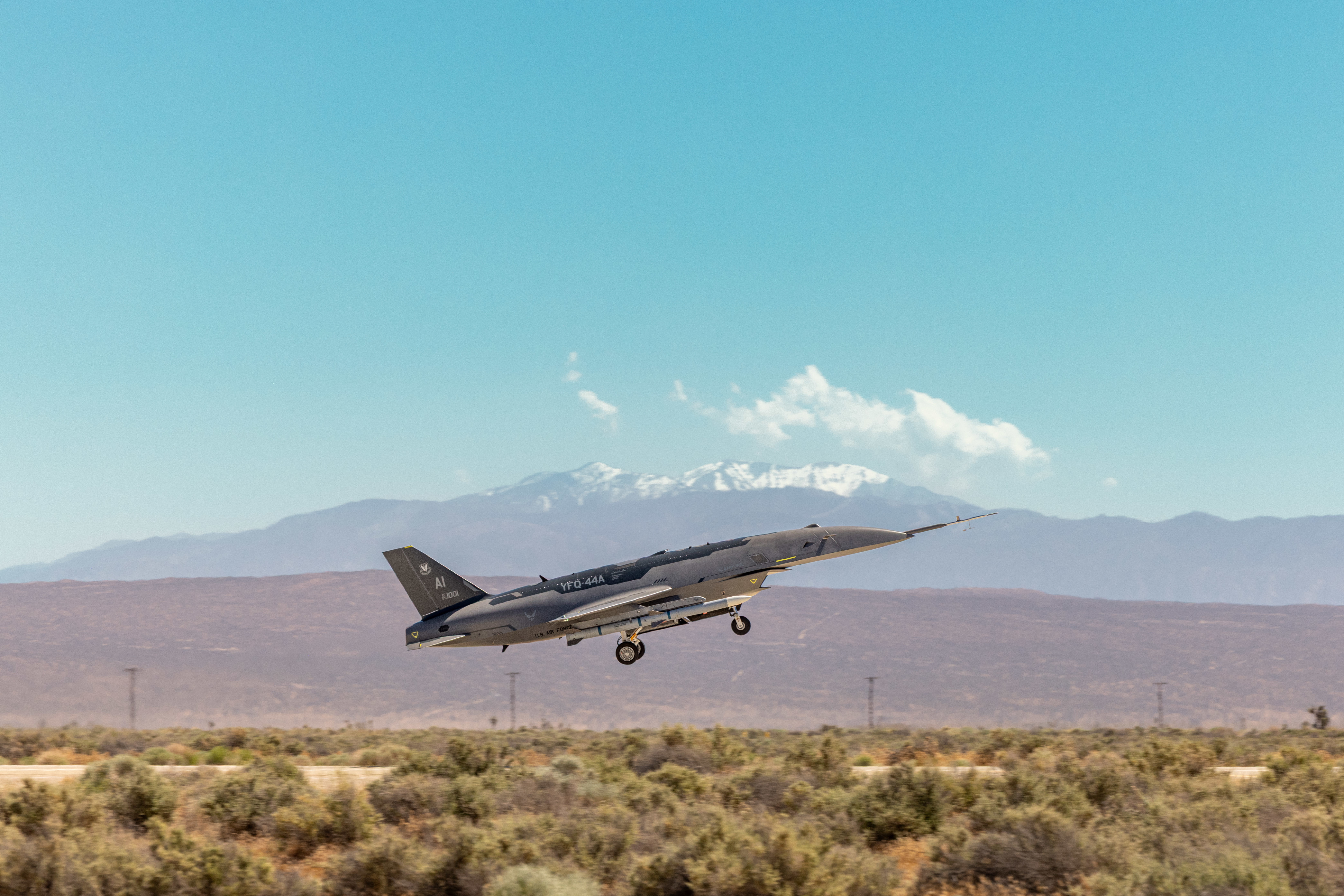 A YFQ-44A takes off from the runway at Edwards Air Force Base, California, during an exercise. (Ariana Ortega/U.S. Air Force)