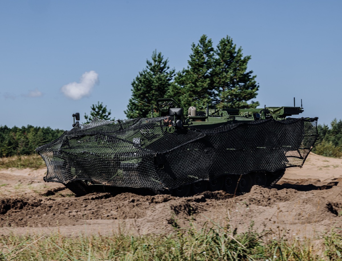Latvian HUNTER ASCOD infantry fighting vehicle during counter-drone testing at Adazi