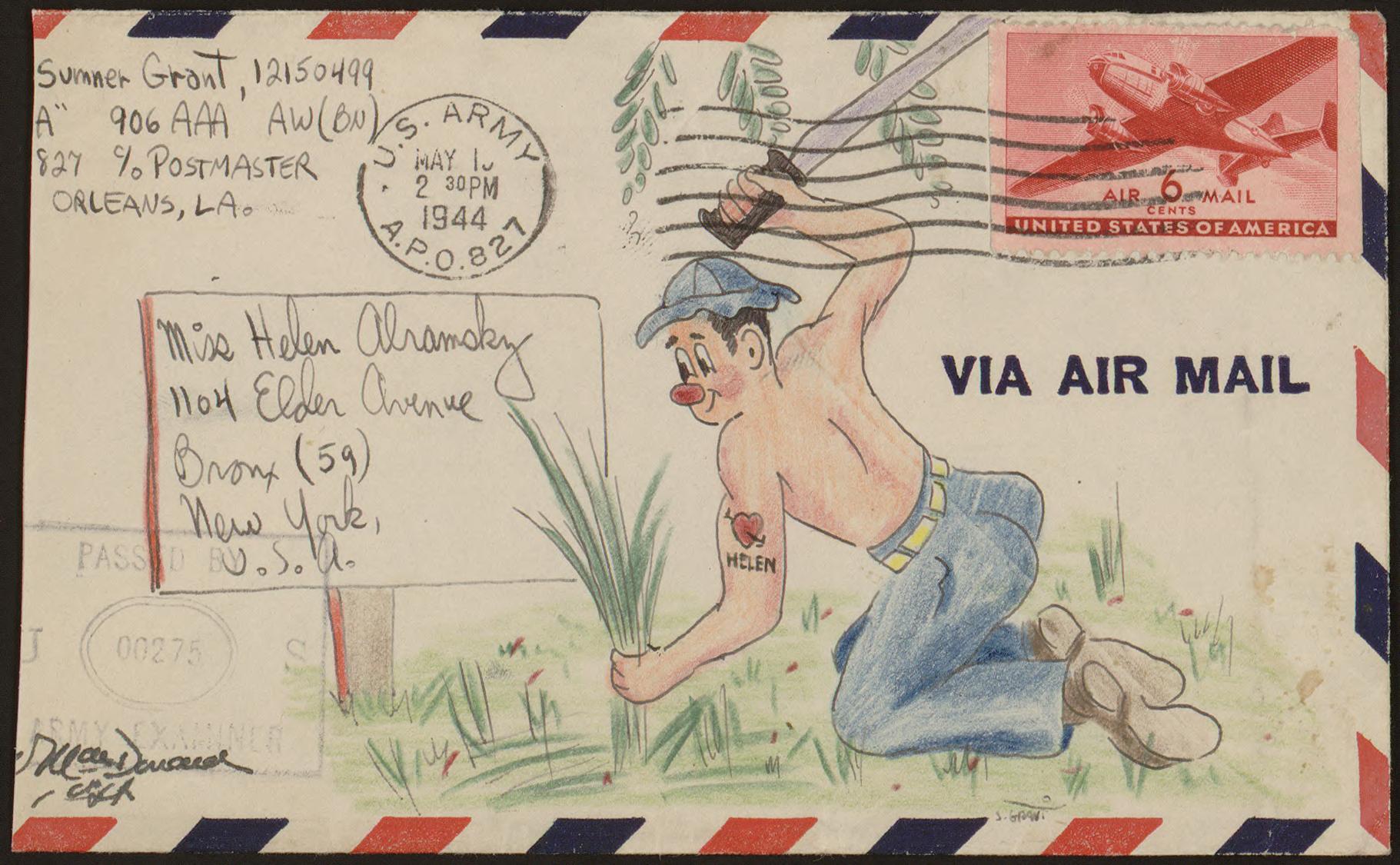 Pfc. Sumner Grant expressed his love for his fiancée, Helen Abramsky, by painting watercolor illustrations of his military activities and other scenes on the envelopes of his letters home. (Library of Congress Veterans History Project)