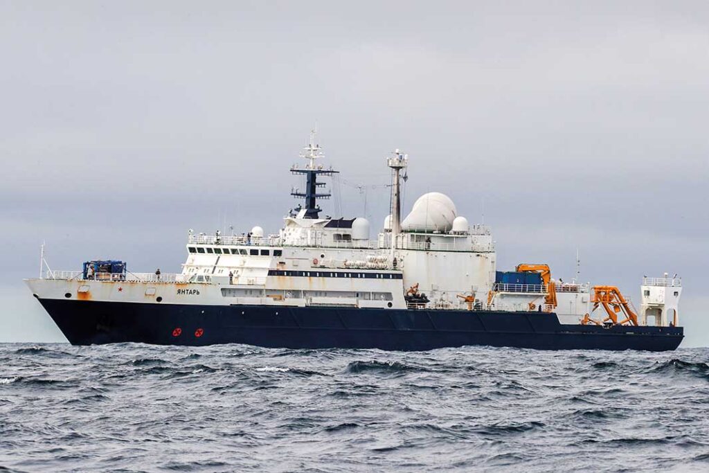 The Russian Navy’s Project 22010 oceanographic research vessel RFS Yantar is widely seen  as being used by Russia’s Main Directorate of Deep-Sea Research (GUGI) to map out CUI for potential future attack. This hotograph was taken in the English Channel during 2018. (Crown Copyright 2018)