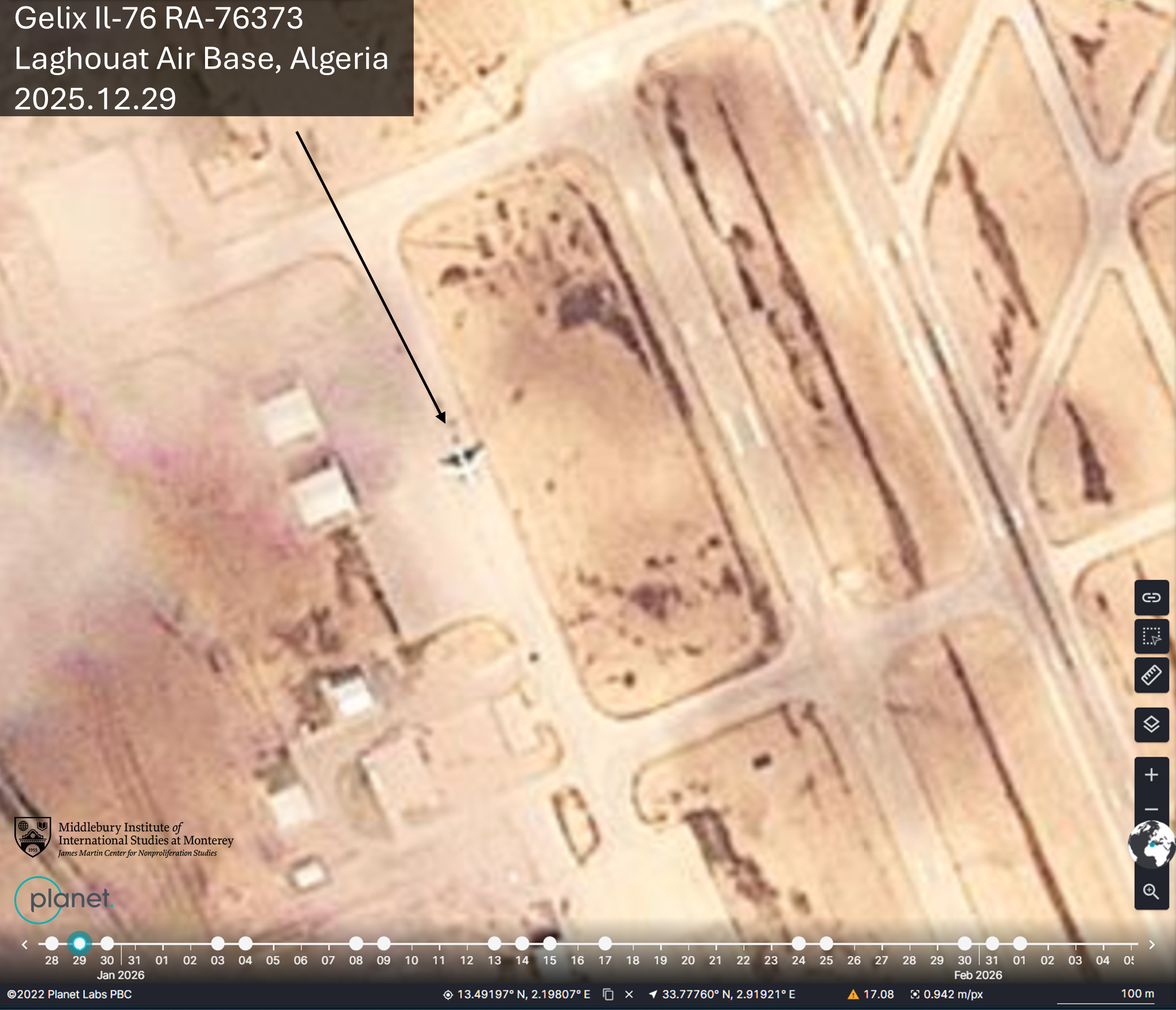 A Russian Il-76 aircraft flying for Gelix Airlines is pictured at Laghouat Air Base, Algeria, on Dec. 29, 2025. (Planet Labs/provided by James Martin Center for Nonproliferation Studies. Annotations: Linus Höller/staff)