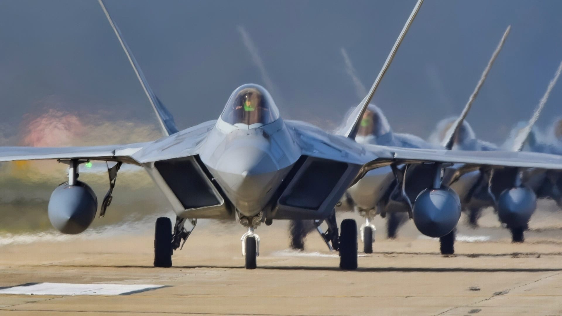 F-22 Raptors from the 1st Fighter Wing and 192nd Fighter Wing, participate in a total force exercise at Joint Base Langley-Eustis, Virginia, Feb. 28, 2019. Both wings partnered with the 633rd Air Base Wing during the Phase I exercise to showcase their readiness and deployability of the F-22s. (U.S. Air Force Photo by Tech Sgt. Carlin Leslie)