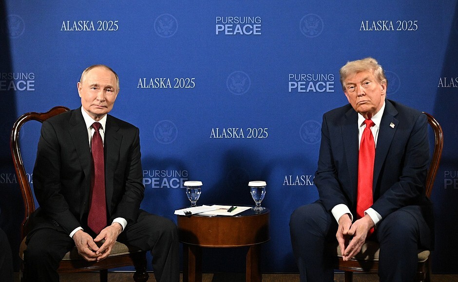 US. .President Donald Trump and his Russian counterpart, Vladimir Putin, begin talks in Alaska aimed at bringing an end to the Kremlin's over-three-year war on Ukraine in Anchorage, Alaska, on Aug. 15, 2025. (Kremlin Press Office/Anadolu via Getty Images)