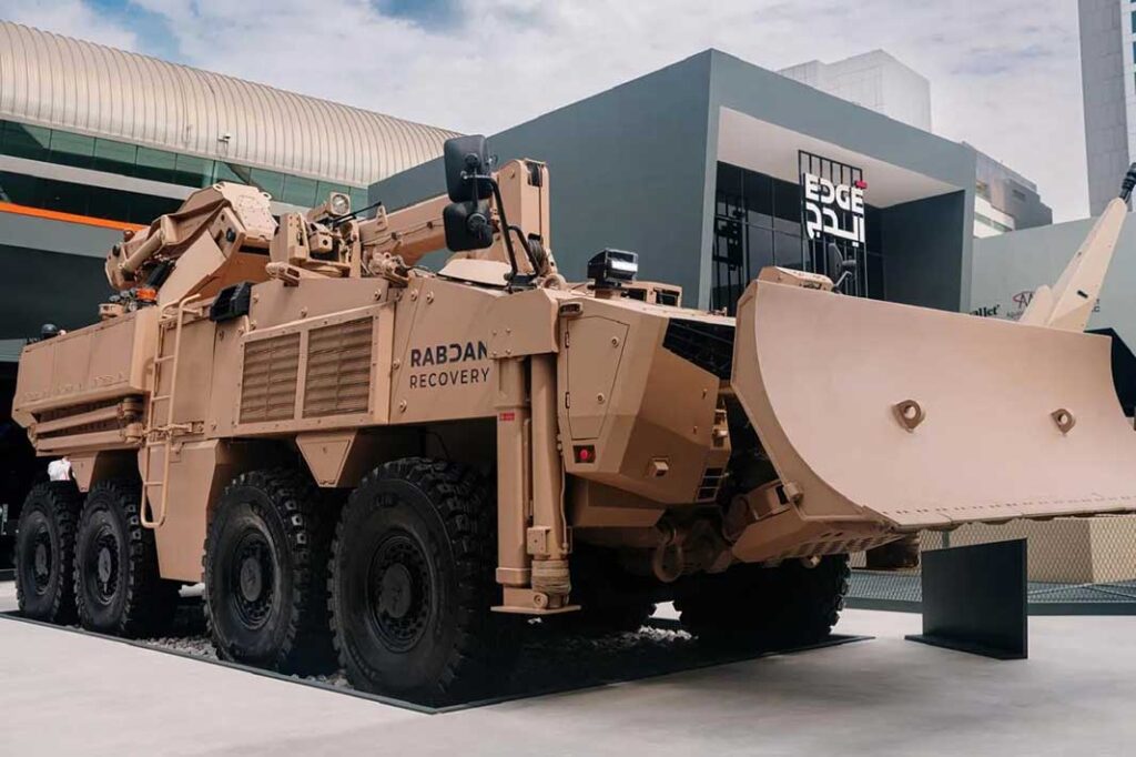 An EDGE Group Rabdan Mk2 8×8 in the armoured recovery vehicle (ARV) configuration, on display at IDEX 2025. [EDGE]