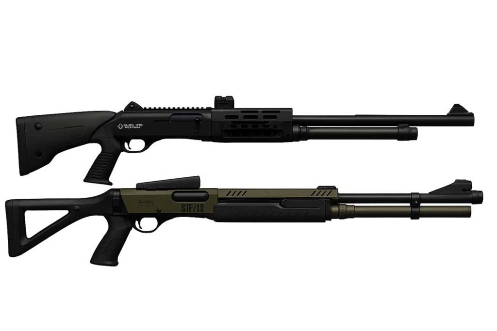 The Benelli M4 A.I. Drone Guardian shotgun (top) and the Fabarms STF/12. (Originals:Benelli Defense and Fabarms/Composite: S.E. Dean)