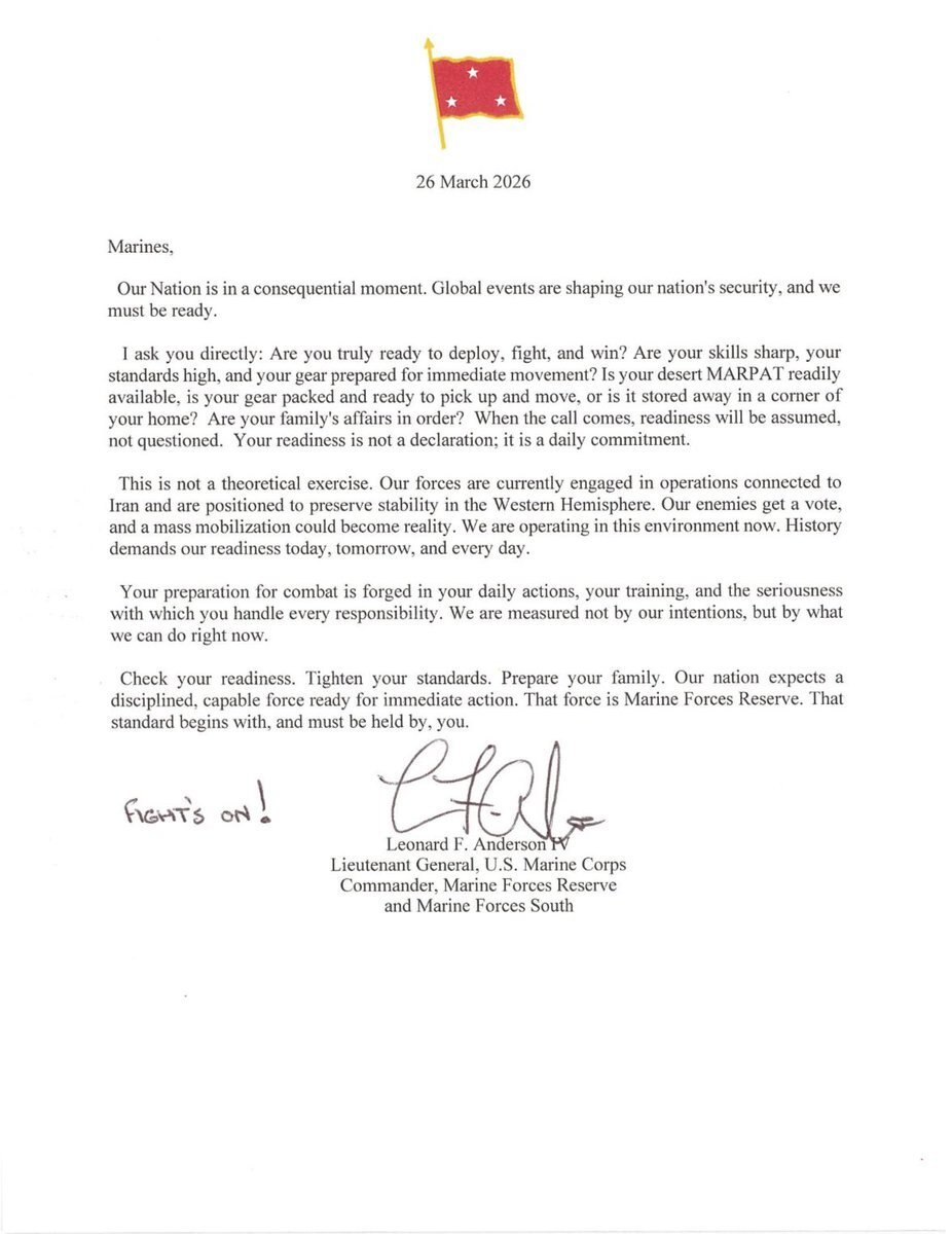 U.S. Marine Corps Lt. Gen. Leonard F. Anderson IV's letter to his Marines.