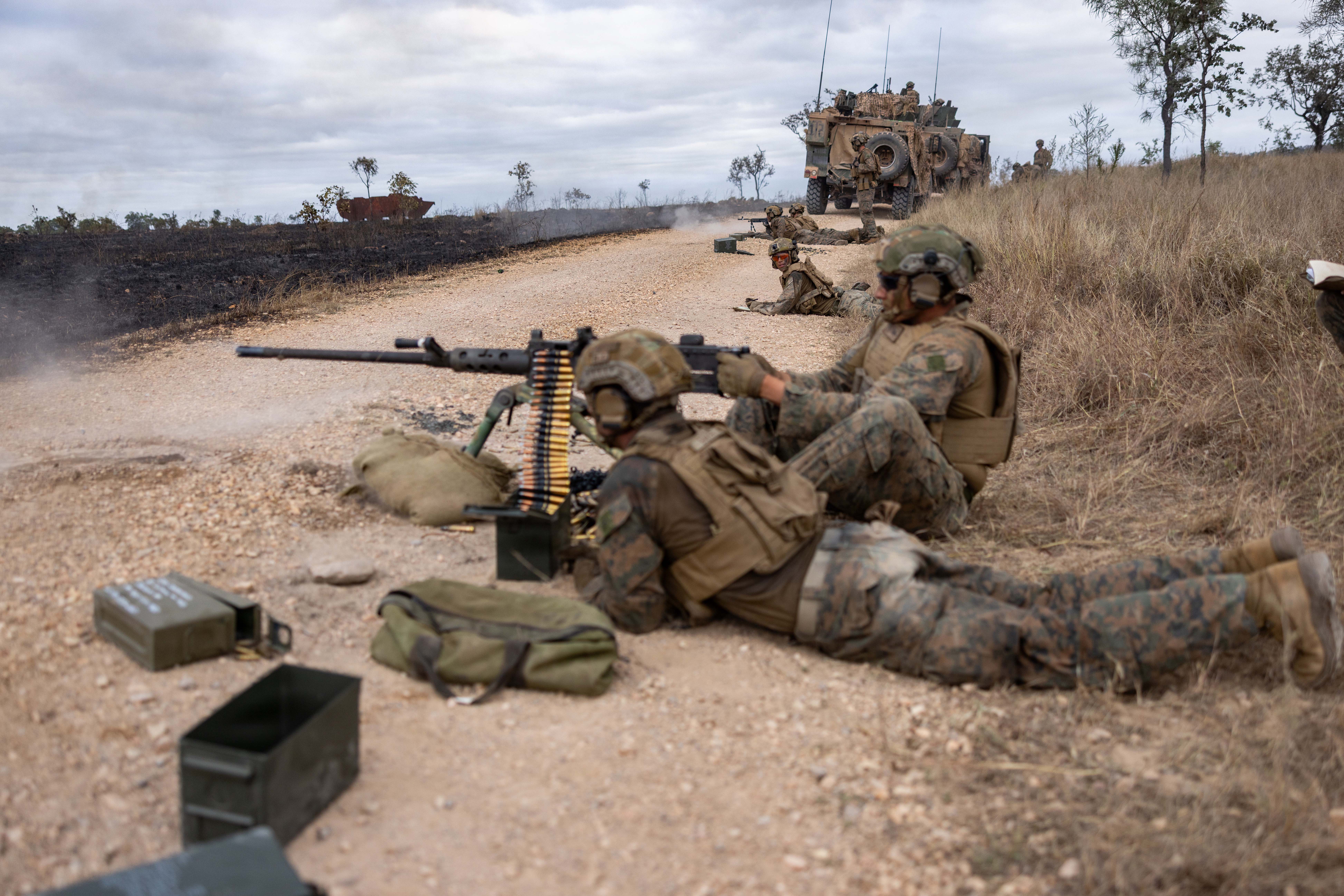 Marines of MRF-D 2026 react to a simulated ambush during Exercise Southern Jackaroo in Townsville, Australia, in June. (U.S. Marine Corps)