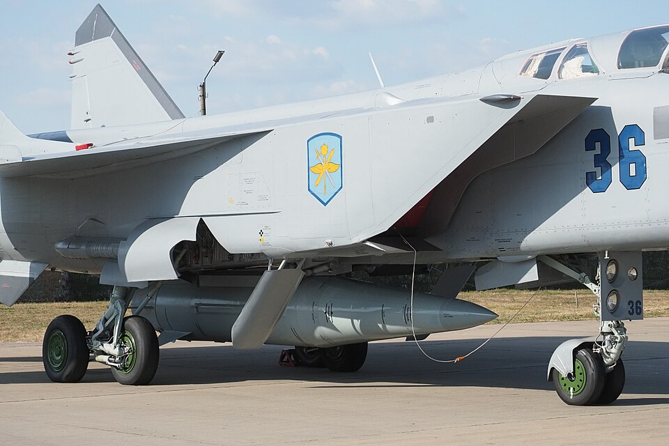 Russian MiG-31K Foxhound fighter carrying Kh-47M2 Kinzhal aeroballistic missile on airbase ramp