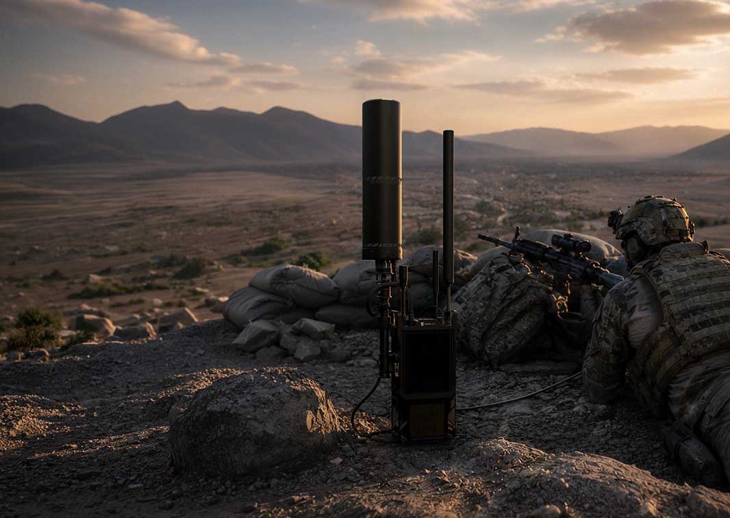 Soldiers operating portable anti-drone detection system with electronic sensors