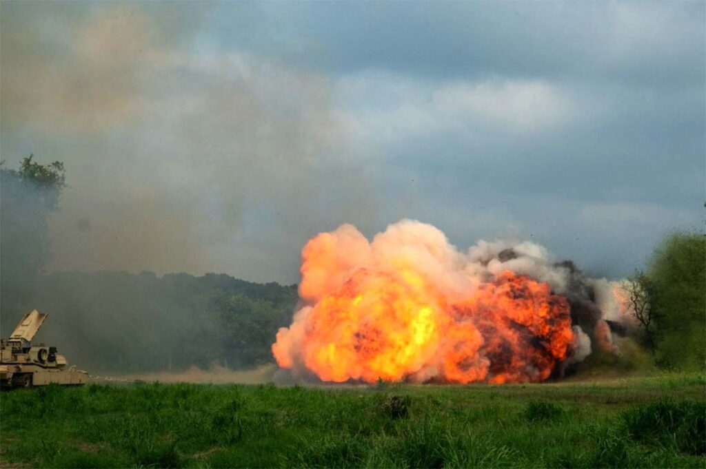 While current mine breaching can be effective, new training regimes to go after engineer assets before they even get a chance to lay minefields must be considered. Pictured: Australian soldiers detonate a mine clearing line charge after launching it from an assault breaching vehicle on 1 August 2025, while training with soldiers from the US Army Engineer School’s Combat Engineer Heavy Track Course. [US Army/Melissa Buckley]