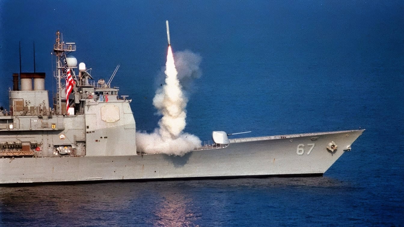 A Tomahawk cruise missile launches from the forward vertical launch system of the USS Shiloh (CG 67) to attack selected air defense targets south of the 33rd parallel in Iraq on Sept. 3, 1996, as part of Operation Desert Strike. The attacks are designed to reduce risks to the pilots who will enforce the expanded no-fly zone. President Clinton announced an expanded no-fly zone in response to an Iraqi attack against a Kurdish faction. The larger no-fly zone in Southern Iraq will make it easier for U.S. and coalition partners to contain Saddam Hussein's aggression. The U.S. Navy Ticonderoga Class cruiser launched the missiles as it operated in the Persian Gulf.