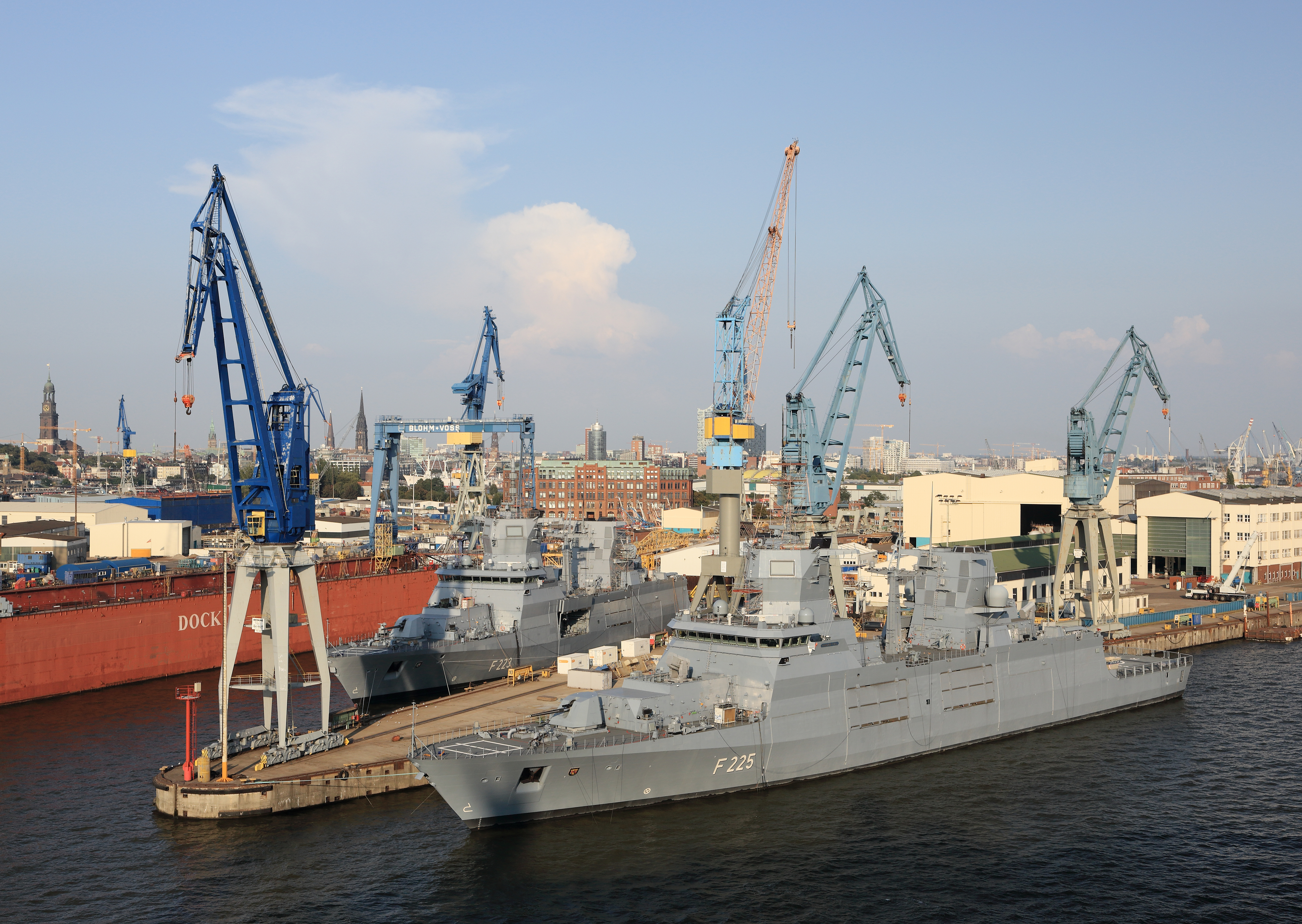 German Navy F125 frigate in Hamburg shipyard for maritime air defense analysis