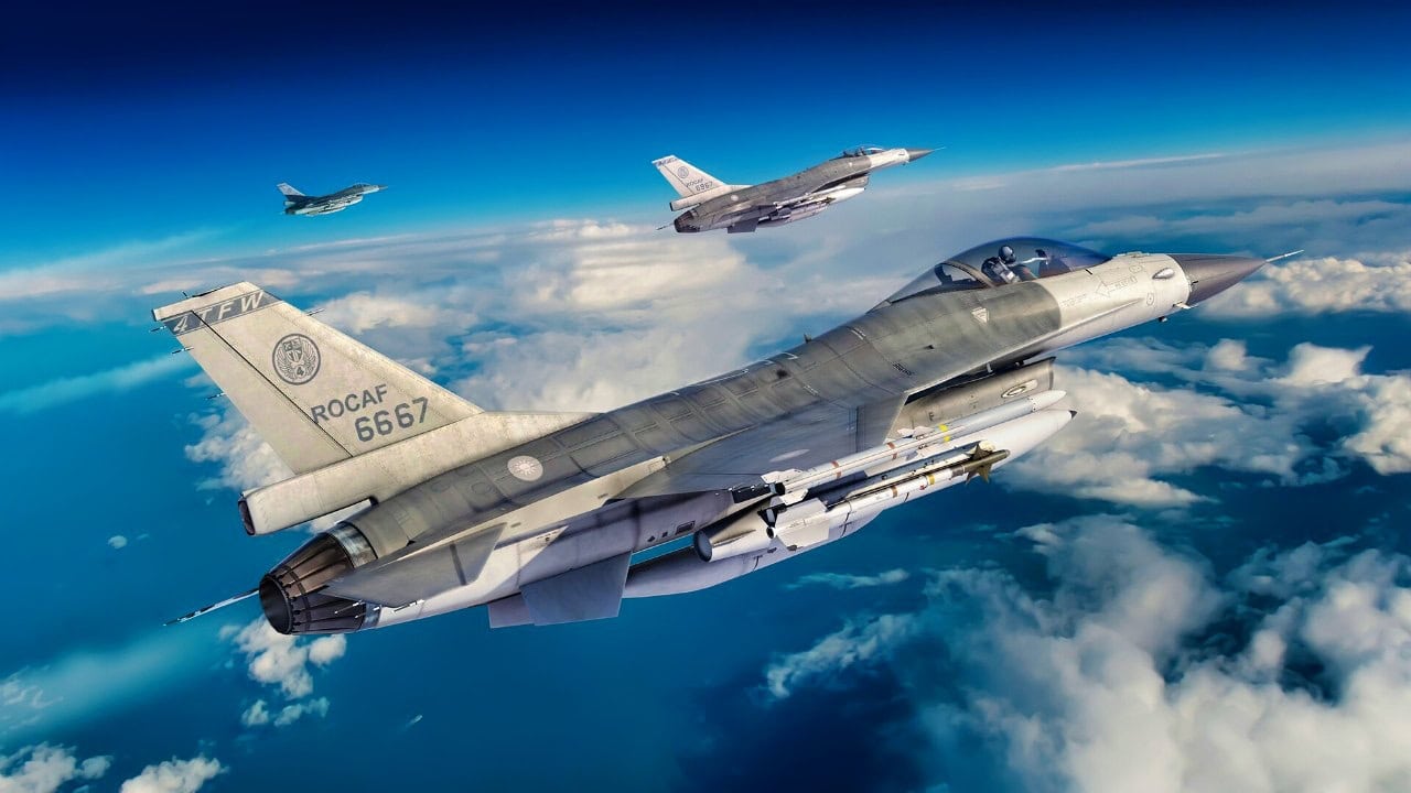 Taiwan Air Force F-16V fighter jet in flight with ROCAF markings