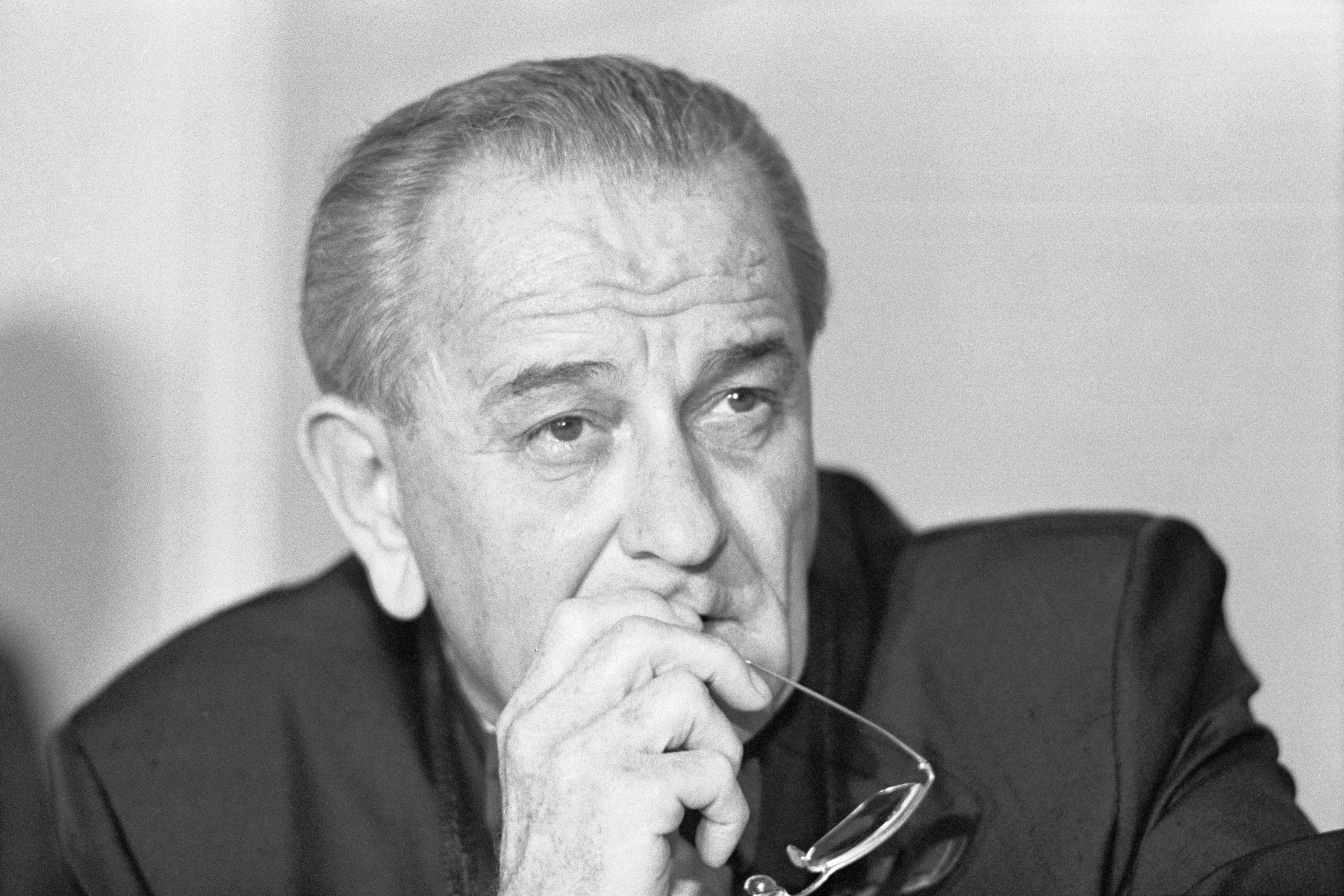 President Lyndon B. Johnson while on a coast-to-coast tour of military bases in a Veterans Day salute to American fighting forces in Vietnam. (Getty Images)