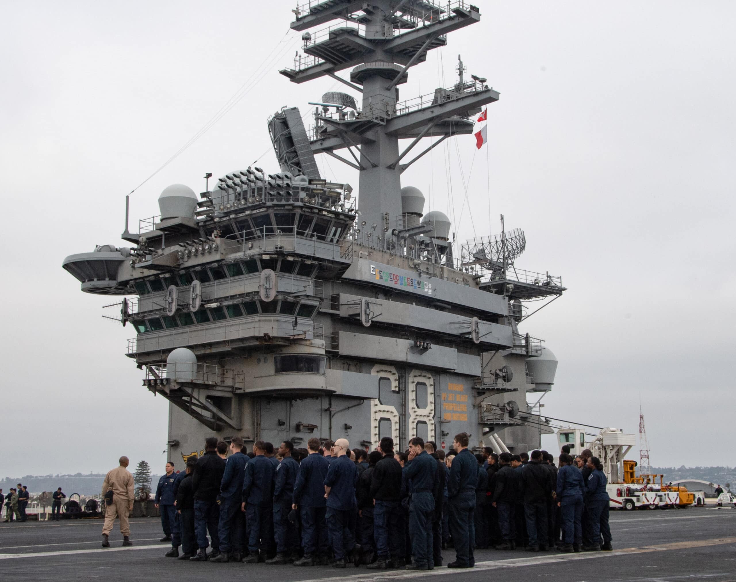 Sailors muster on the flight deck of the USS Nimitz (CVN 68) at Naval Air Station North Island, July 30, 2024. Nimitz is underway conducting routine operations. (U.S. Navy photo by Mass Communication Specialist Seaman Chad K. Hughes)