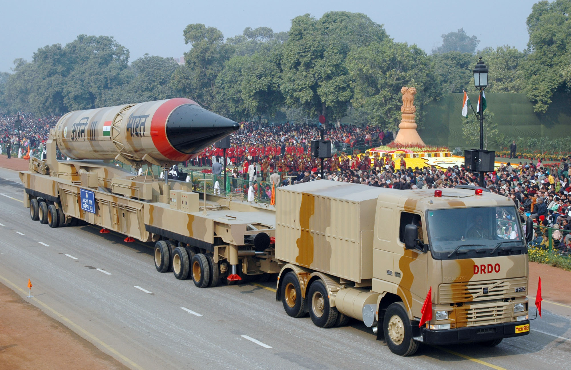 Agni-III ballistic missile on DRDO transporter at Indian Republic Day parade
