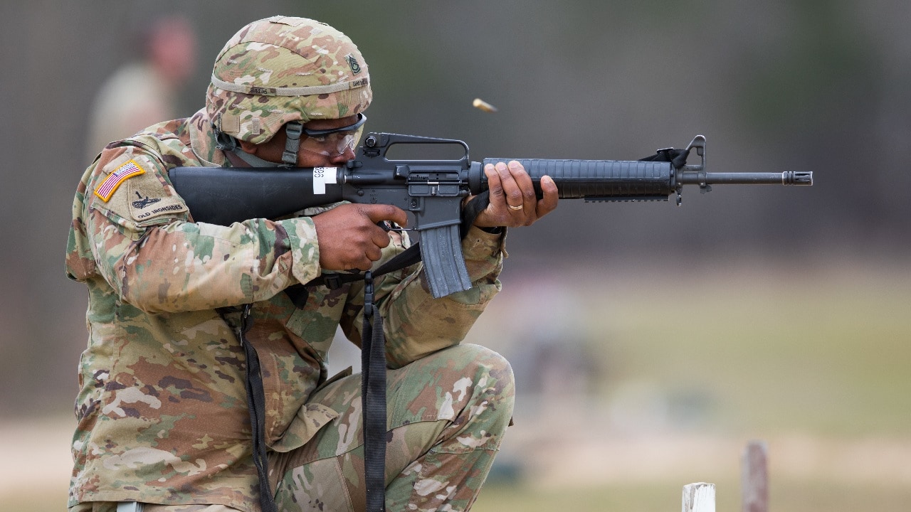 U.S. Army Reserve Sgt. 1st Class Harrison Brewer, G4 Chief Movements Supervisor for the 335th Signal Command (Theater), fires an M16 rifle on a range at Fort Gordon, Georgia, March 8, 2019. Soldiers from the 335th Signal Command (Theater) headquarters completed warrior tasks and battle drills to include weapons qualification, grenade practice and roll over training during a four-day training designed to increase their warfighting abilities. (U.S. Army Reserve photo by Staff Sgt. Leron Richards)