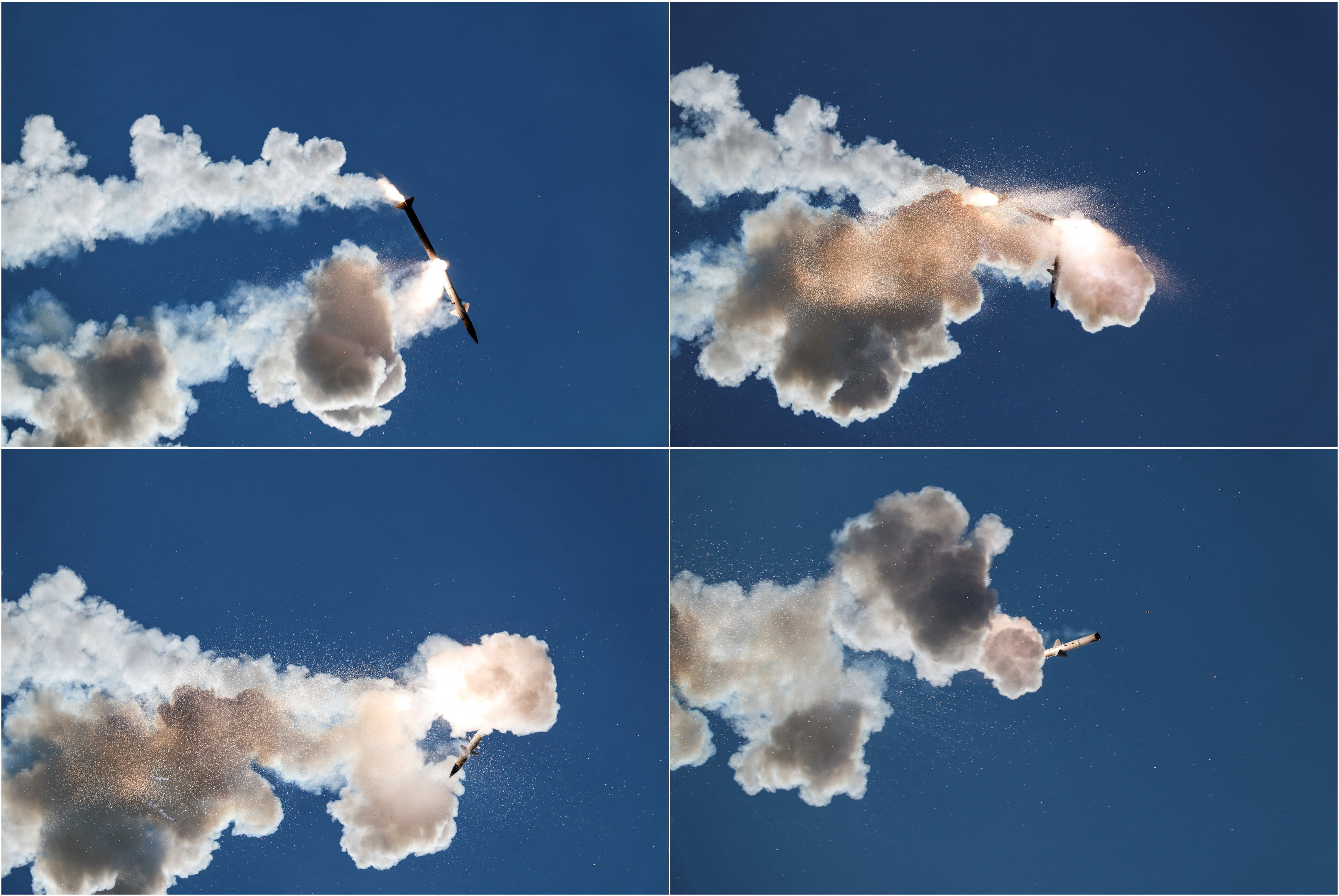 A faulty interceptor missile launched by Israel’s Iron Dome anti-missile system disintegrating above southern Lebanon shortly after being launched on June 1, 2026. (Amir Cohen/Reuters)