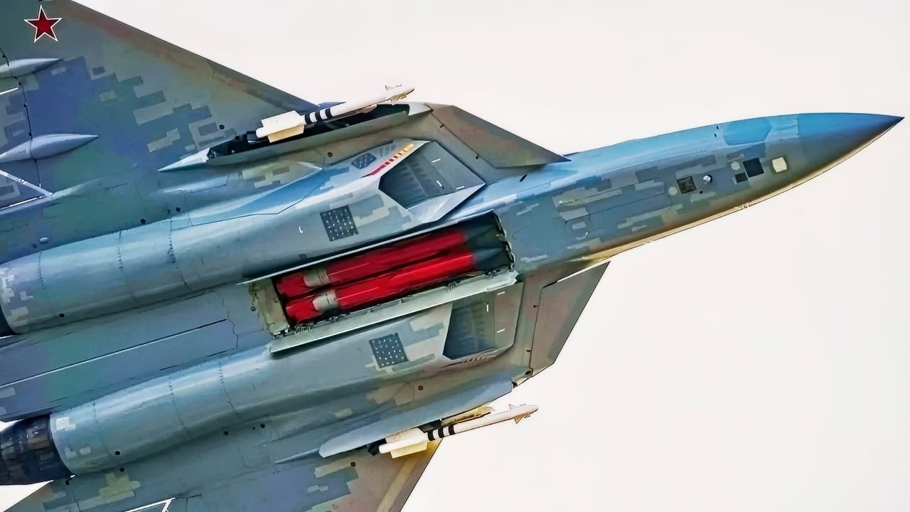 Russian Su-57 Felon stealth fighter in flight with weapon bay