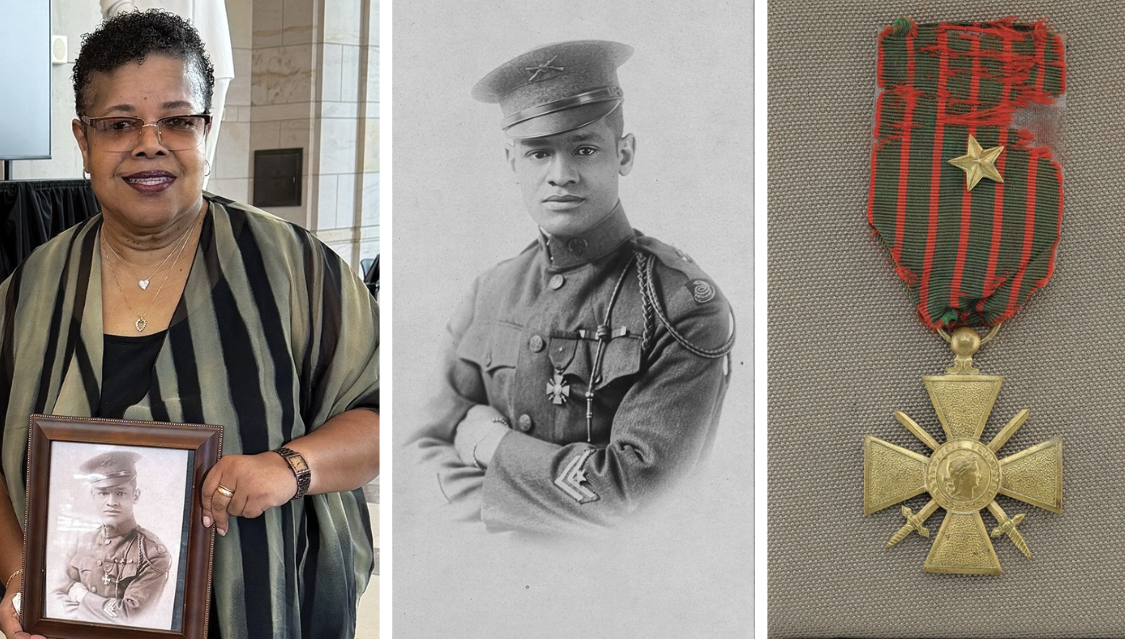 Lawrence McVey (middle), who served with the 369th, was honored with France’s Croix de Guerre after leading an attack that left him wounded. Thanks to the efforts of his granddaughter, Gina McVey (left), the medal now resides at the Smithsonian’s National Museum of African American History and Culture. (Gina McVey/National Museum of African American History and Culture via Canva)