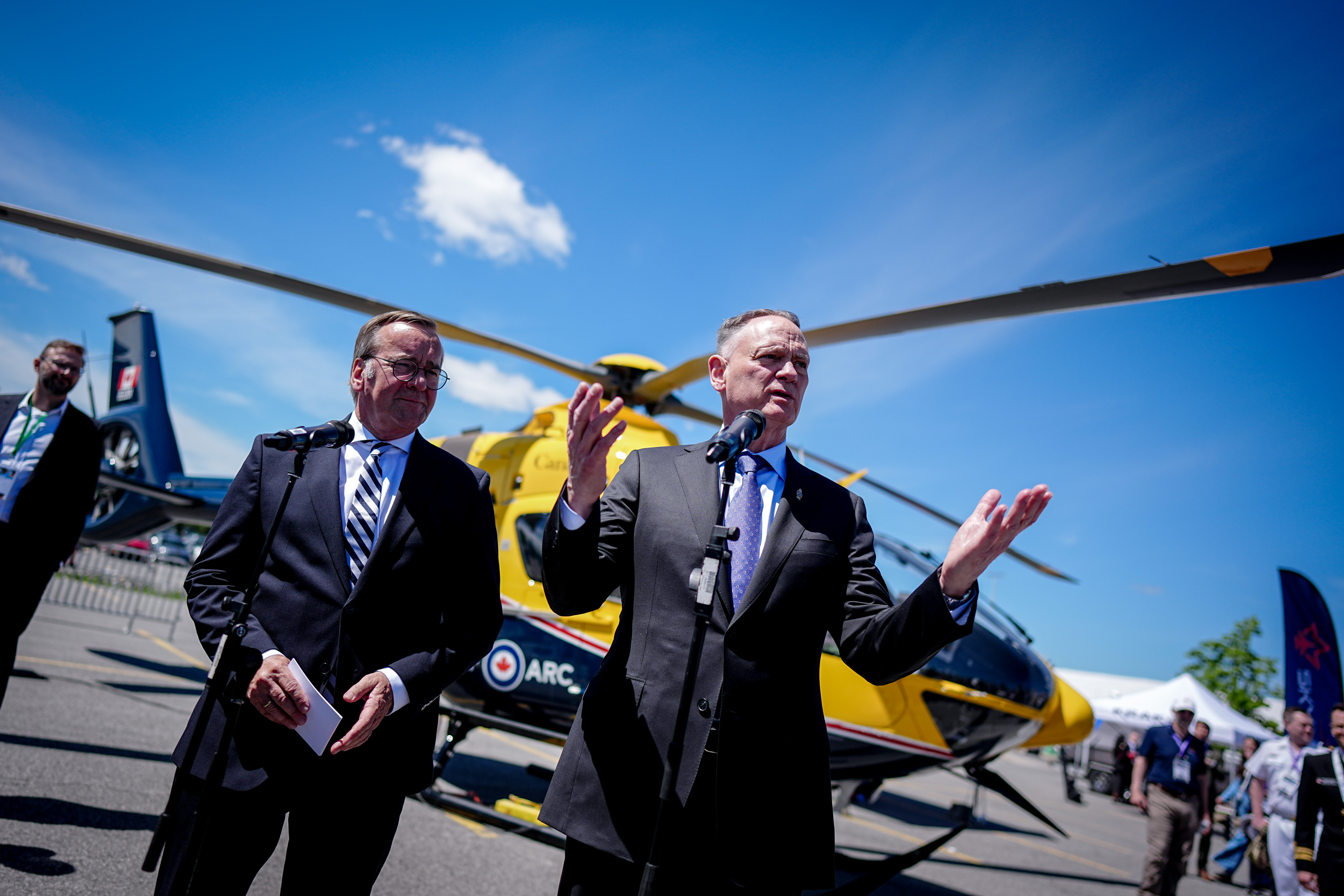 German Defense Minister Boris Pistorius and David McGuinty, Minister of Defense of Canada, give a press conference at the Cansec arms fair in Ottawa on May 27, 2026. (Kay Nietfeld/picture alliance via Getty Images)