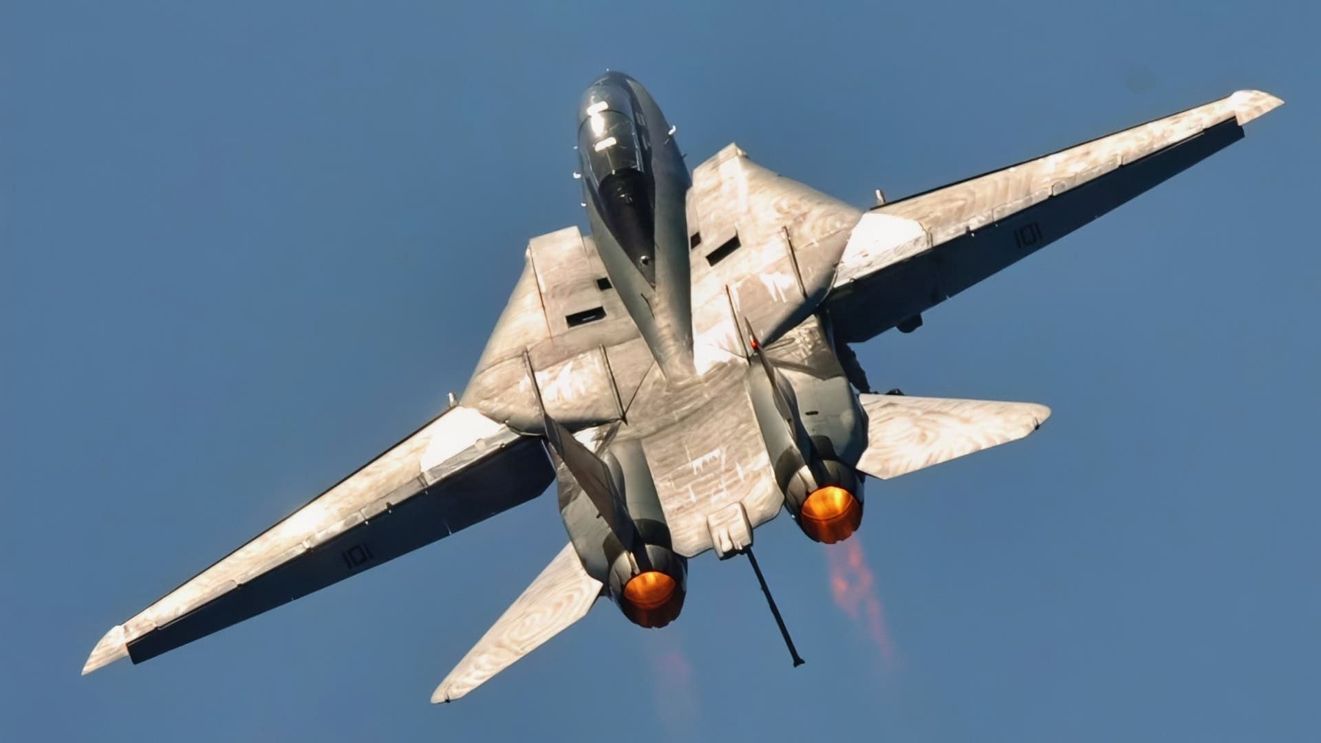 An F-14D Tomcat pulls up after performing a fly-by past the aircraft carrier USS Dwight D. Eisenhower (CVN 69) as the ship operates in the Atlantic Ocean on June 19, 2006. DoD photo by Petty Officer 2nd Class Miguel A. Contreras, U.S. Navy. (Released) PH2 CONTRERAS MIGUEL
