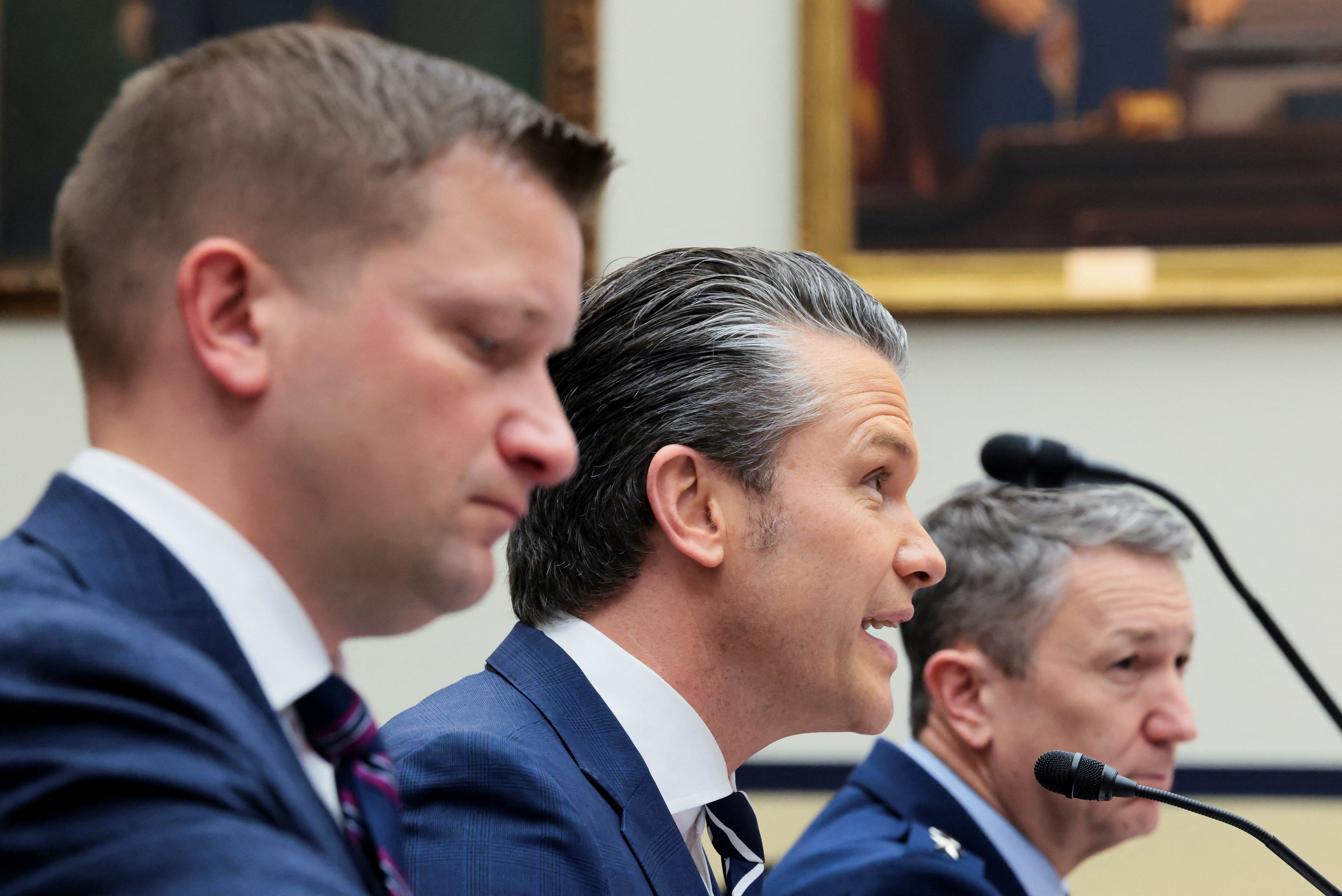 Defense Secretary Pete Hegseth, Chairman of the Joint Chiefs of Staff General Dan Caine and Chief Financial Officer Jules W. Hurst testify on Capitol Hill on April 29, 2026. (Kylie Cooper/Reuters)