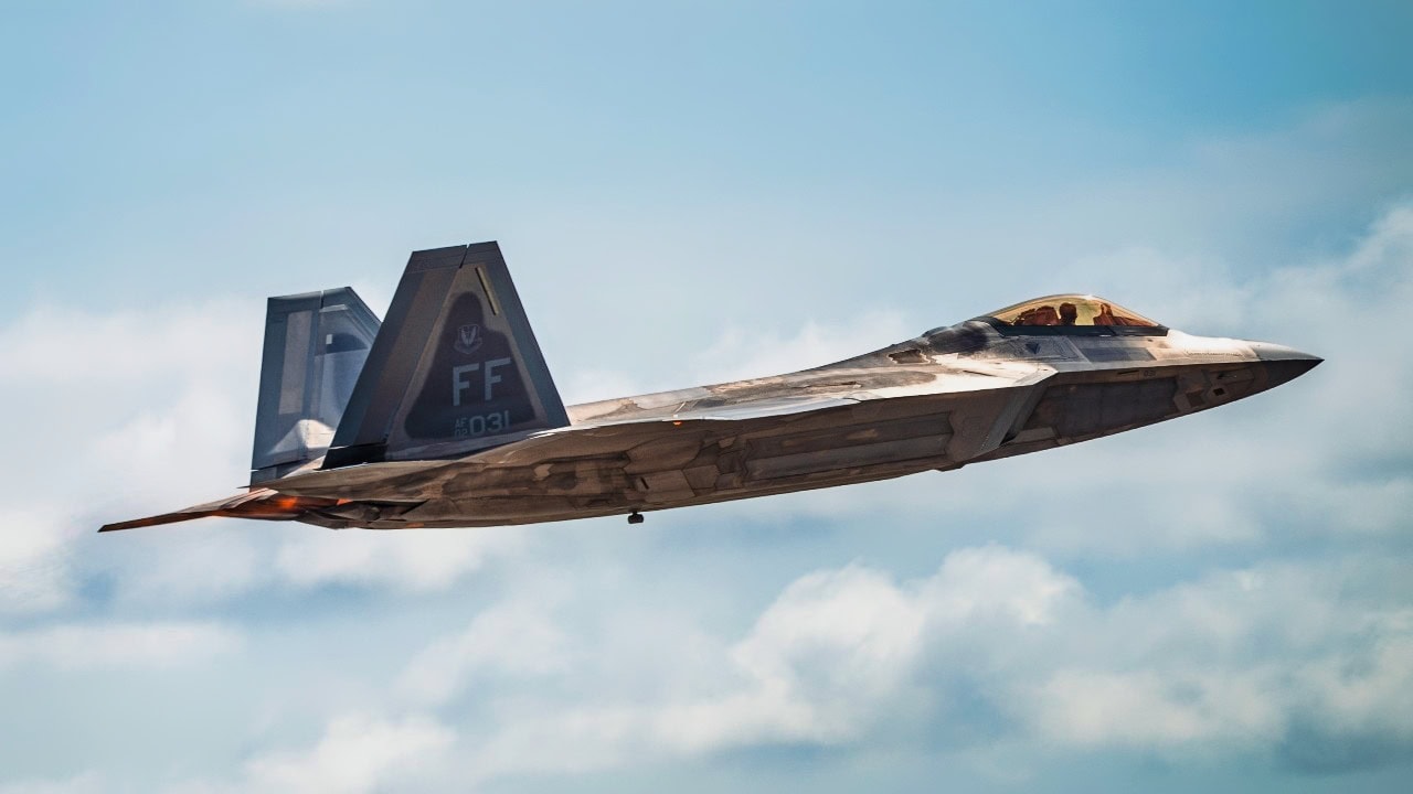 A U.S. Air Force F-22 Raptor assigned to the 71st Fighter Squadron, Joint Base Langley-Eustis, Virginia, takes off during Checkered Flag 25-2 at Tyndall Air Force Base, Florida, May 8, 2025. Air Combat Command's Checkered Flag exercise simulates the full mobilization and deployment cycle, ensuring unit readiness for contingency operations. (U.S. Air Force photo by Airman 1st Class Zeeshan Naeem)