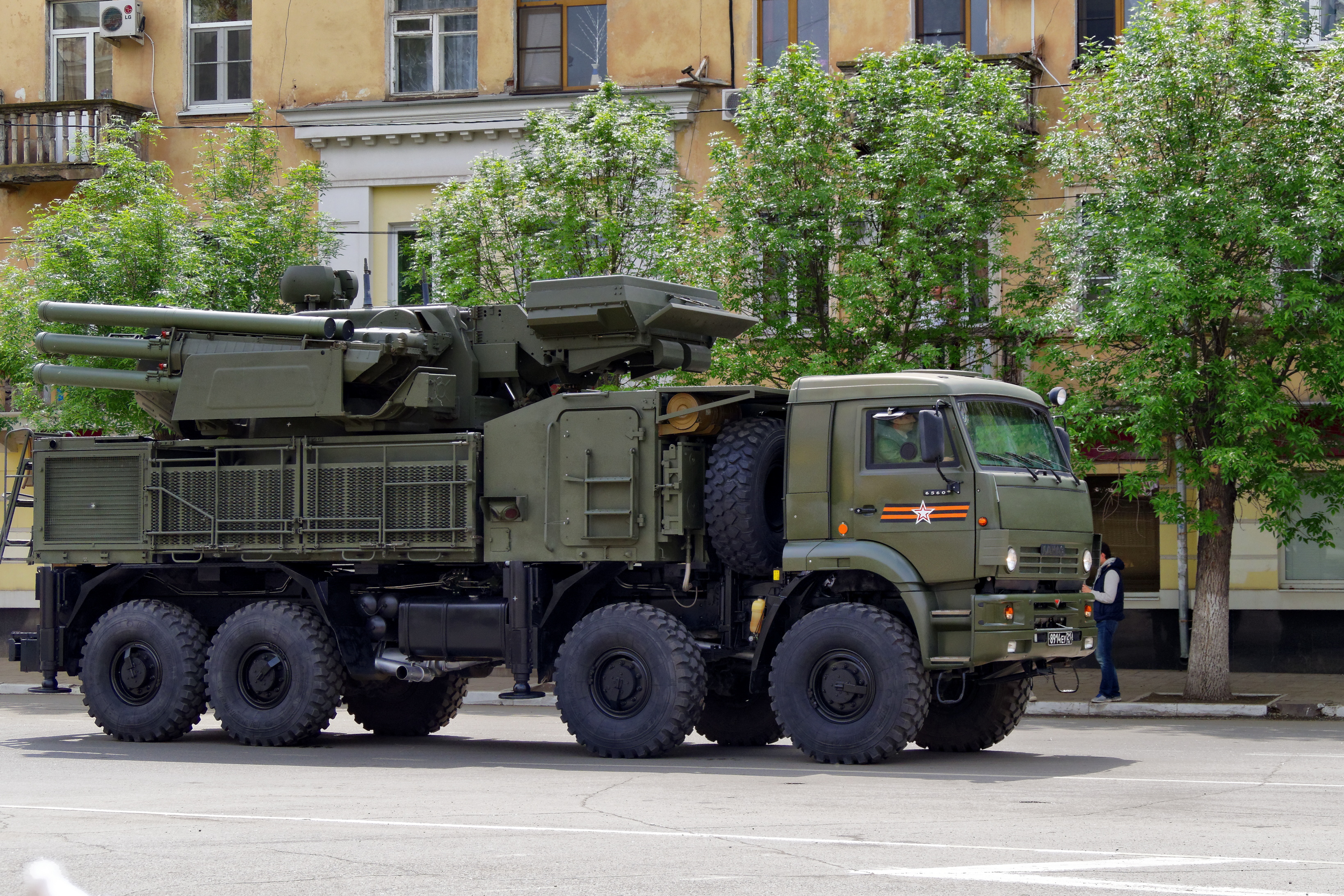 Russian Pantsir air defense vehicle in an urban Moscow street