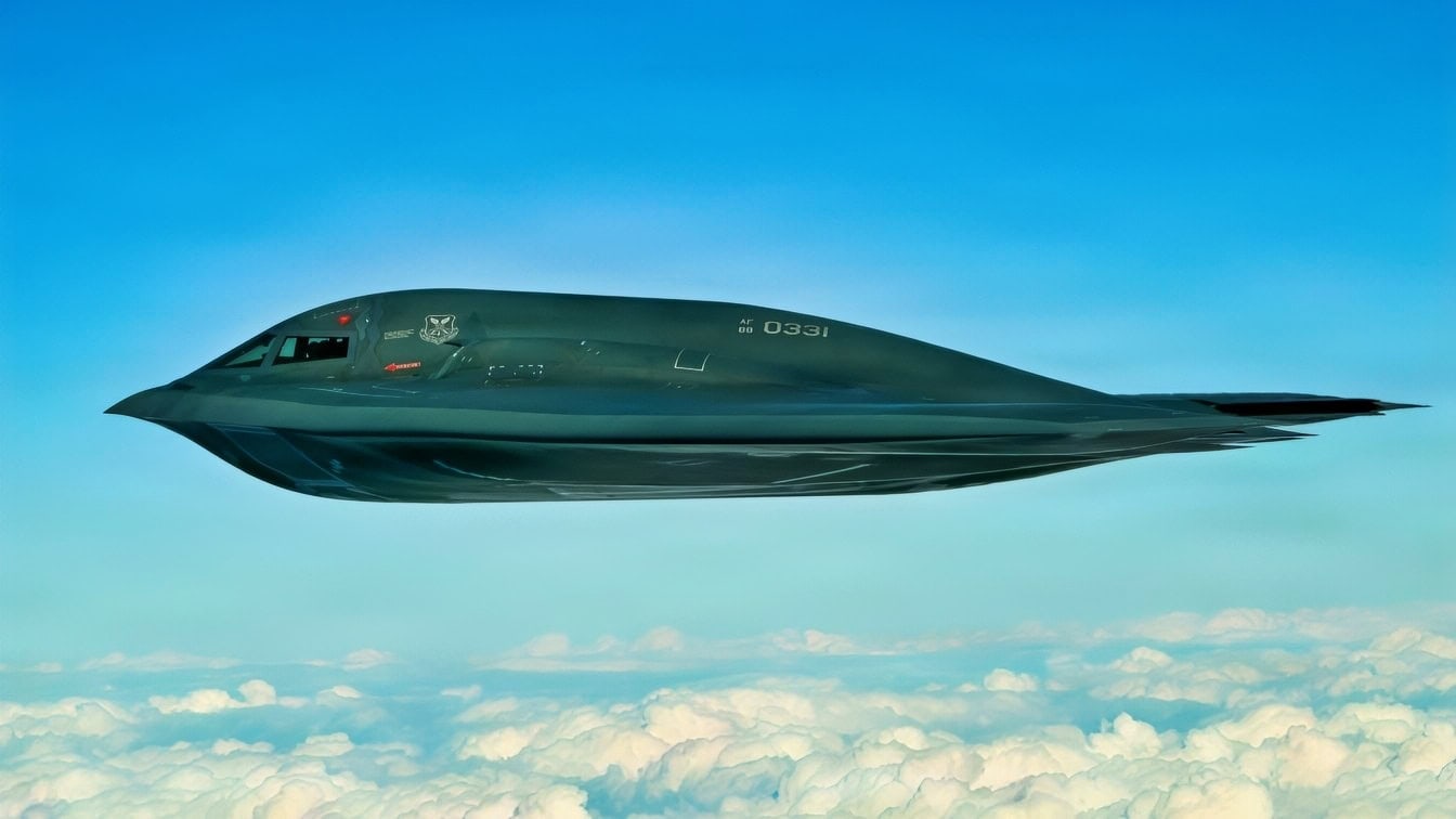 A U.S. Air Force B-2 Spirit conducts an integrated maritime strike training exercise with U.S. Navy F-35C Lightning II and F/A-18E Super Hornets from Carrier Air Wing Eleven (CVW-11) off the coast of California, on Feb. 10-11, 2026. Practicing innovative methods to employ and integrate strategic bombers like the B-2 with Navy carrier strike groups enhances combat capabilities through synchronized, integrated power projection. (U.S. Navy photo by Katie Archibald)